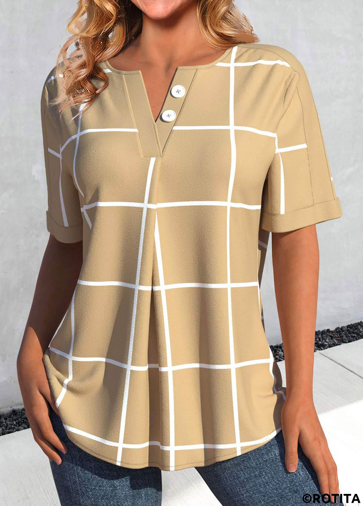 Light Camel tops,Plaid tops,Geometric tops,ROTITA Button Plaid Light Camel Split Neck Short Sleeve Blouse
