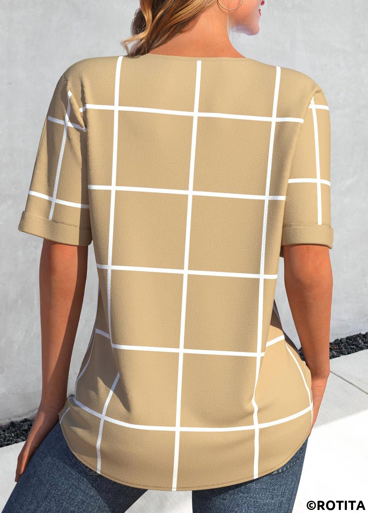 Light Camel tops,Plaid tops,Geometric tops,ROTITA Button Plaid Light Camel Split Neck Short Sleeve Blouse