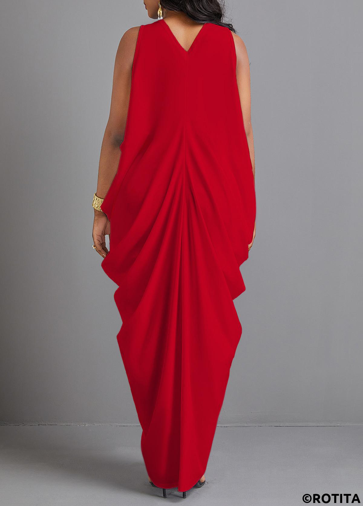 Red dresses,Plain Color dresses,Party dresses,Elegant dresses,ROTITA Split Red O Shape V Neck Maxi Dress