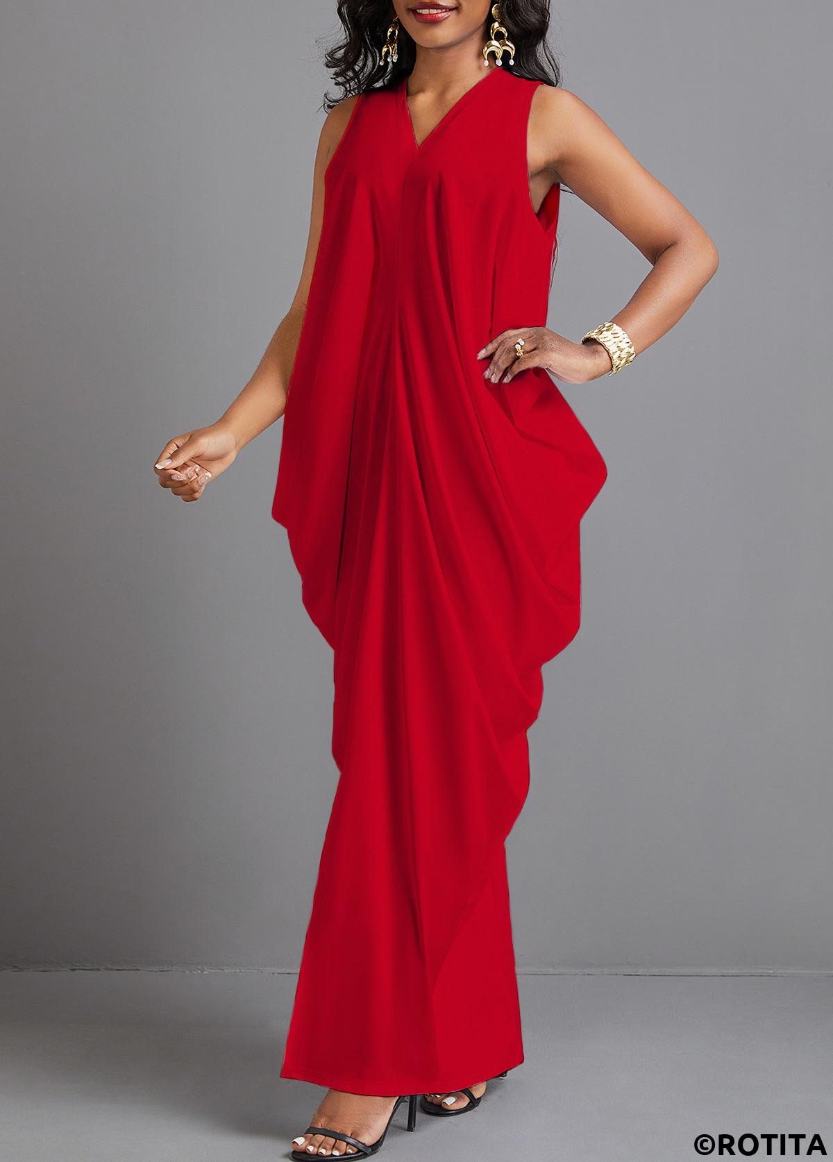 Red dresses,Plain Color dresses,Party dresses,Elegant dresses,ROTITA Split Red O Shape V Neck Maxi Dress