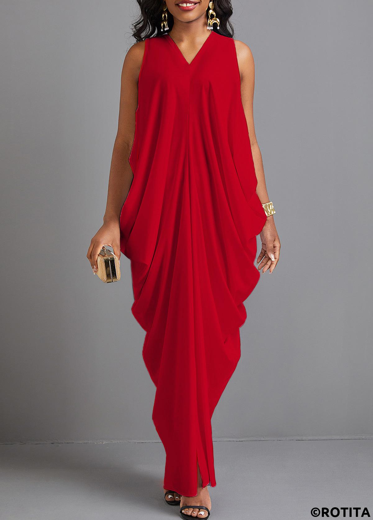 Red dresses,Plain Color dresses,Party dresses,Elegant dresses,ROTITA Split Red O Shape V Neck Maxi Dress