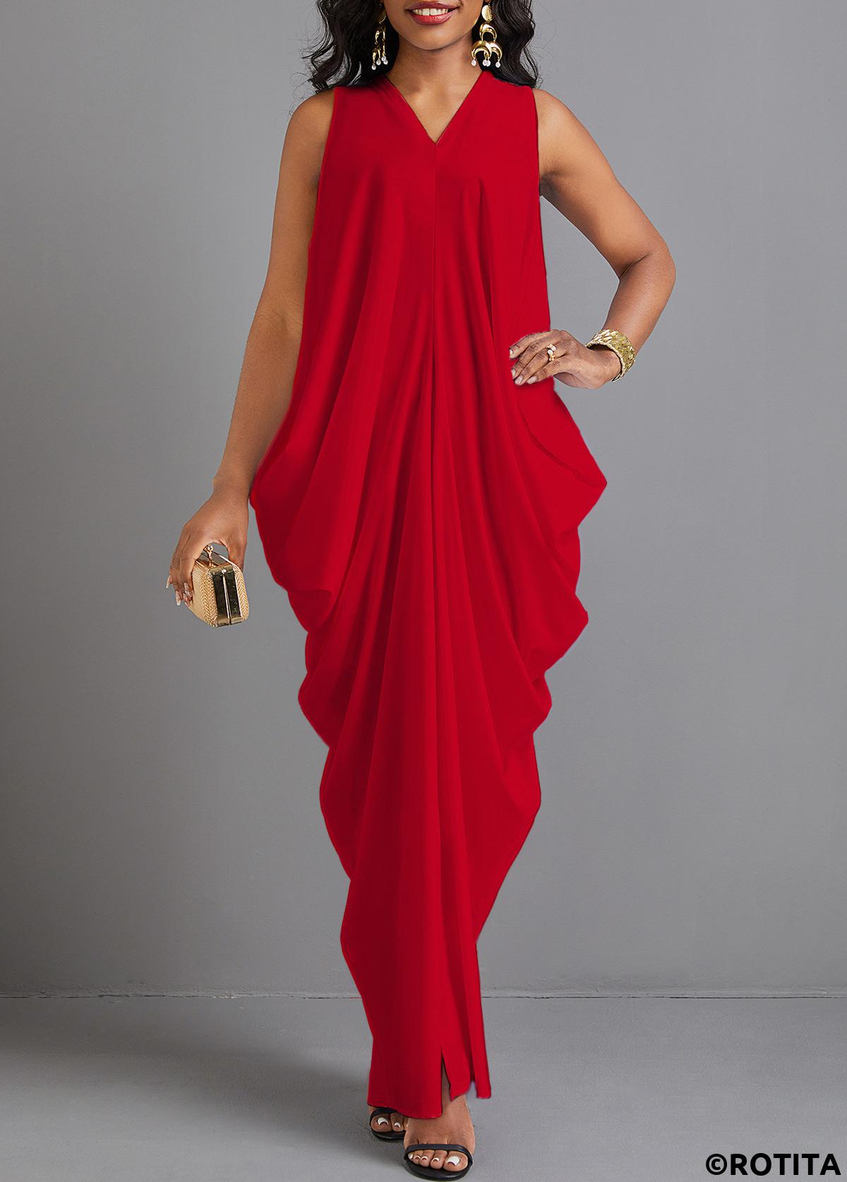 Red dresses,Plain Color dresses,Party dresses,Elegant dresses,ROTITA Split Red O Shape V Neck Maxi Dress