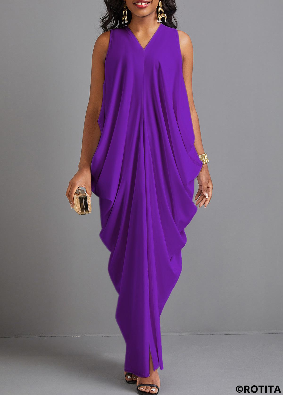 Split Purple O Shape V Neck Maxi Dress