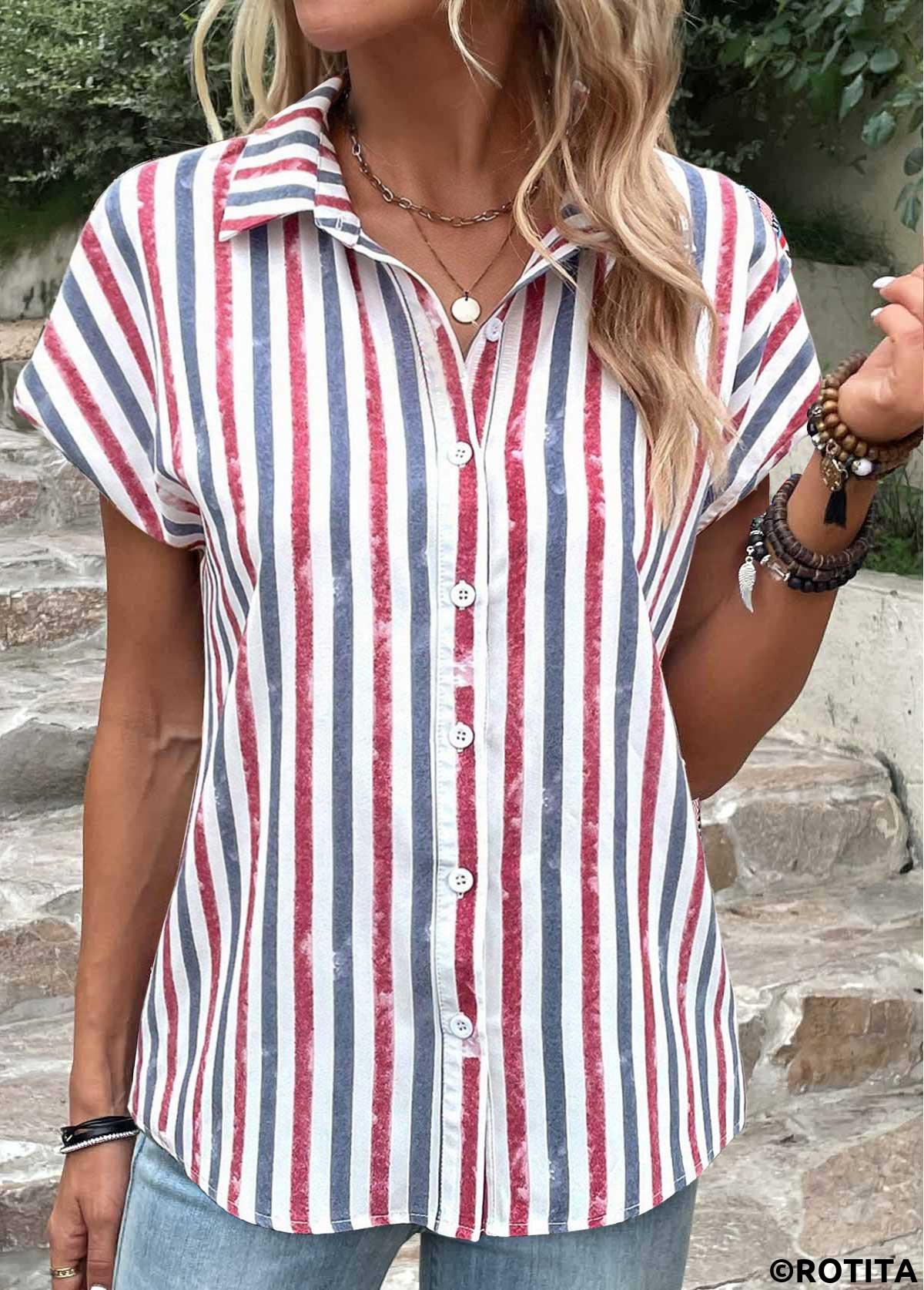 Multi Color plus size,Rainbow Color plus size,Striped plus size,ROTITA Plus Size Button Multi Color Striped Blouse