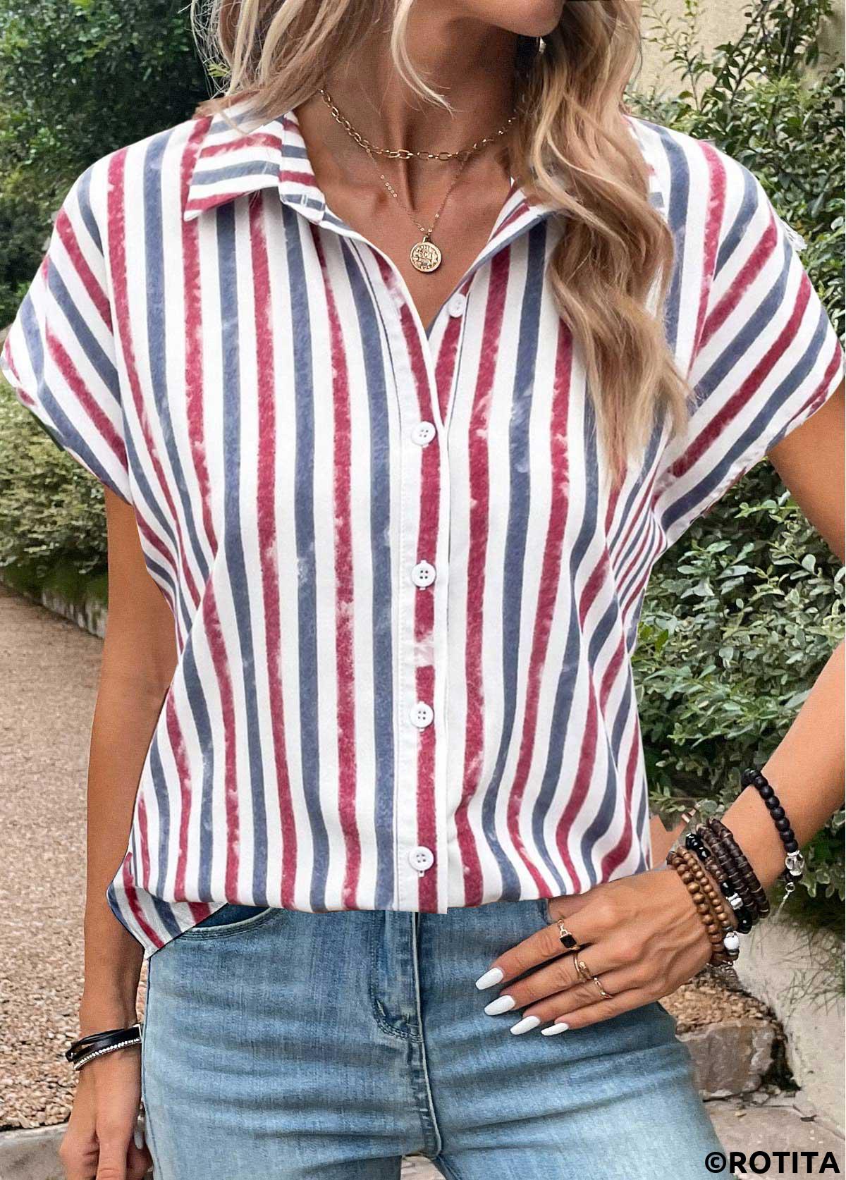 Multi Color plus size,Rainbow Color plus size,Striped plus size,ROTITA Plus Size Button Multi Color Striped Blouse