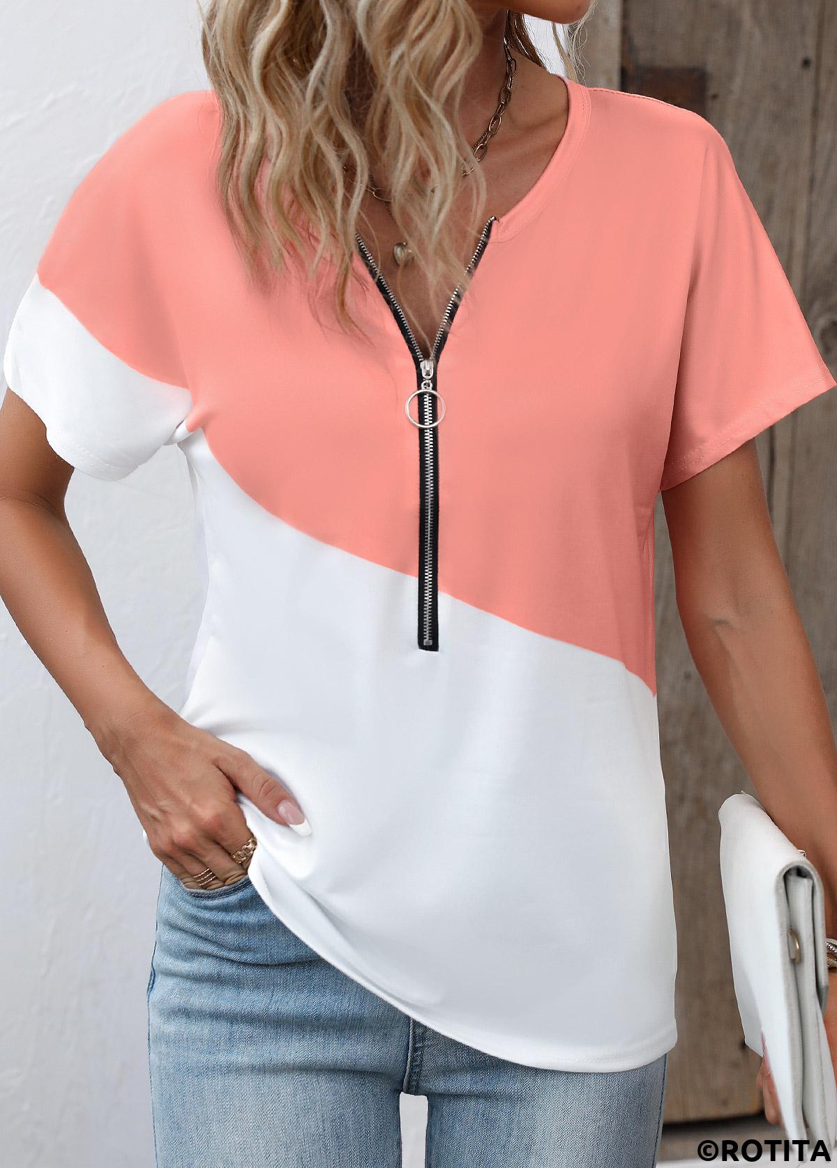 Zipper Dusty Pink Round Neck T Shirt