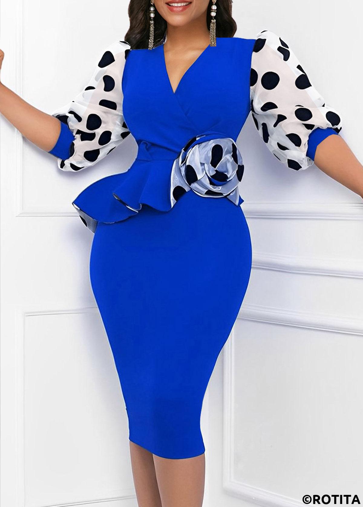 Royal Blue dresses,Dot dresses,Party dresses,Elegant dresses,ROTITA Ruffle Polka Dot Royal Blue Bodycon Dress