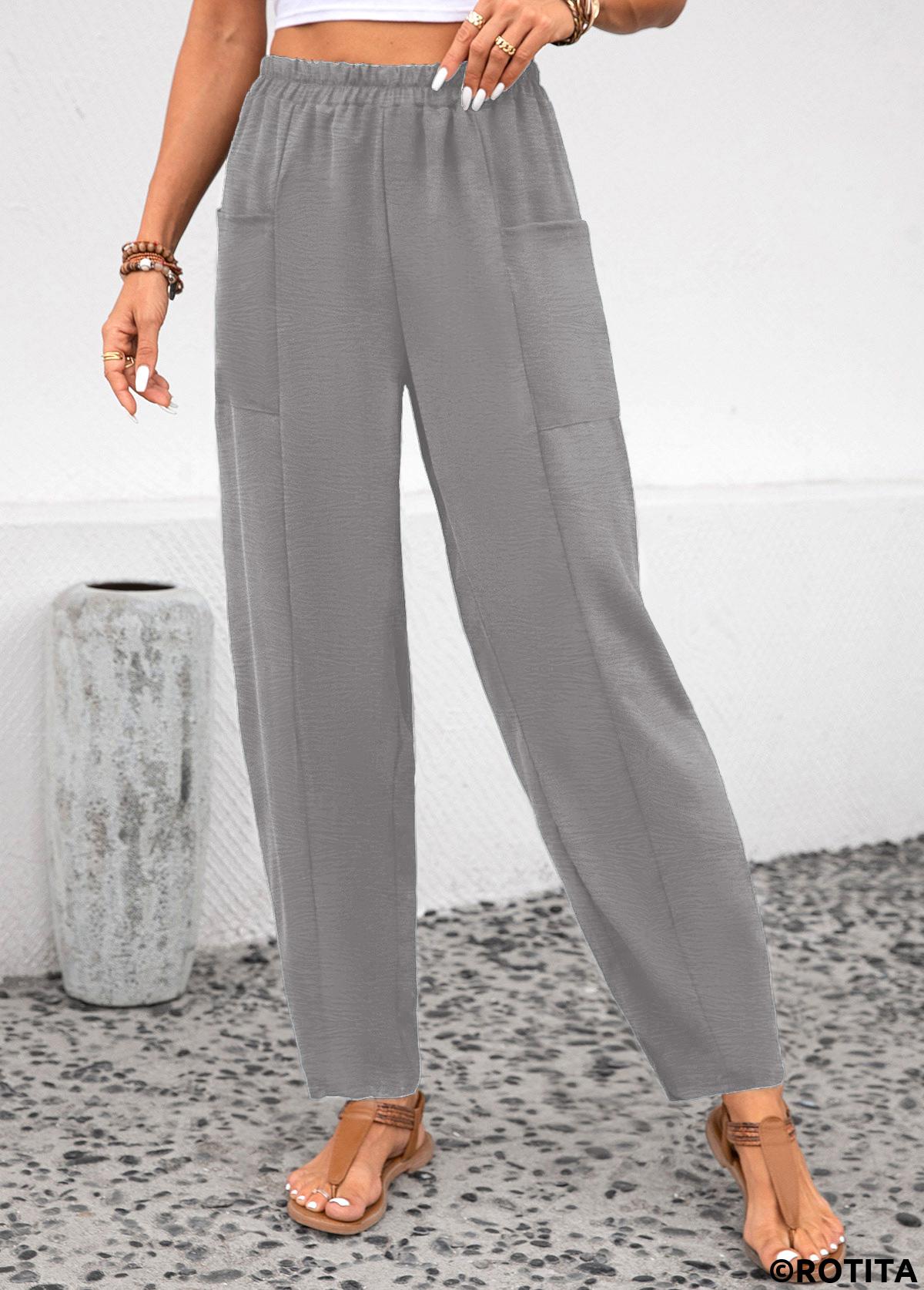 Light Grey bottoms,Plain Color bottoms,Pocket Light Grey Elastic Waist High Waisted Pants