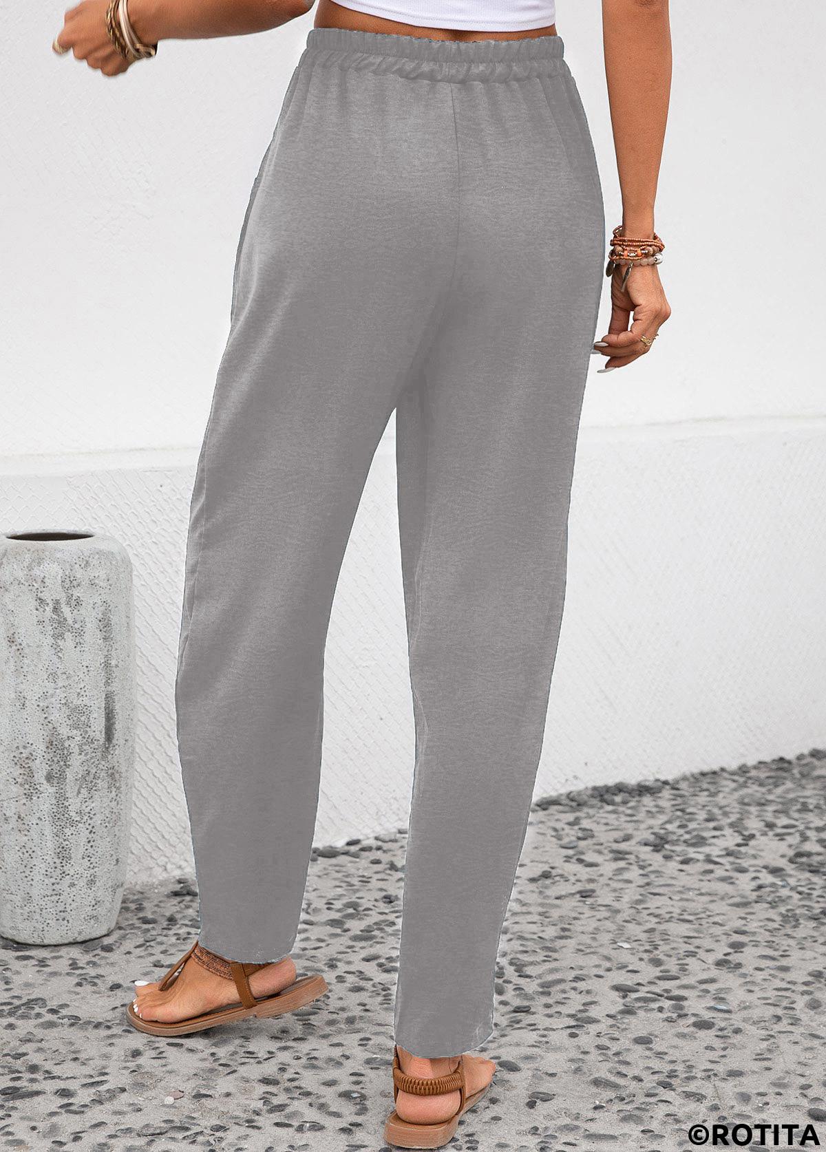 Light Grey bottoms,Plain Color bottoms,Pocket Light Grey Elastic Waist High Waisted Pants