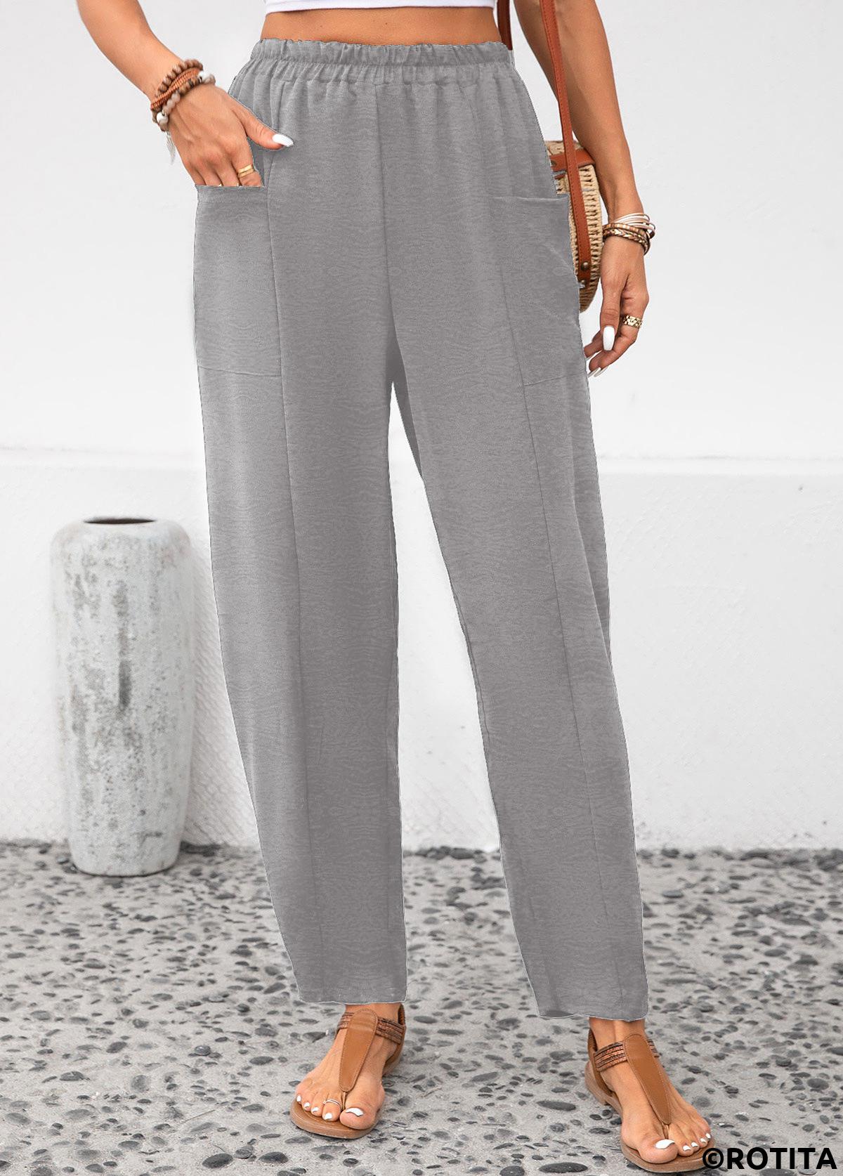 Light Grey bottoms,Plain Color bottoms,Pocket Light Grey Elastic Waist High Waisted Pants