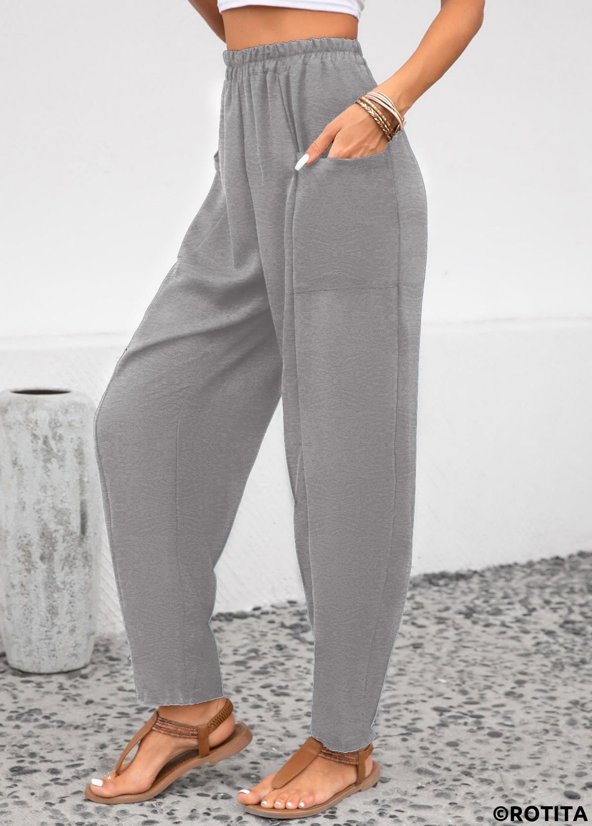 Light Grey bottoms,Plain Color bottoms,Pocket Light Grey Elastic Waist High Waisted Pants
