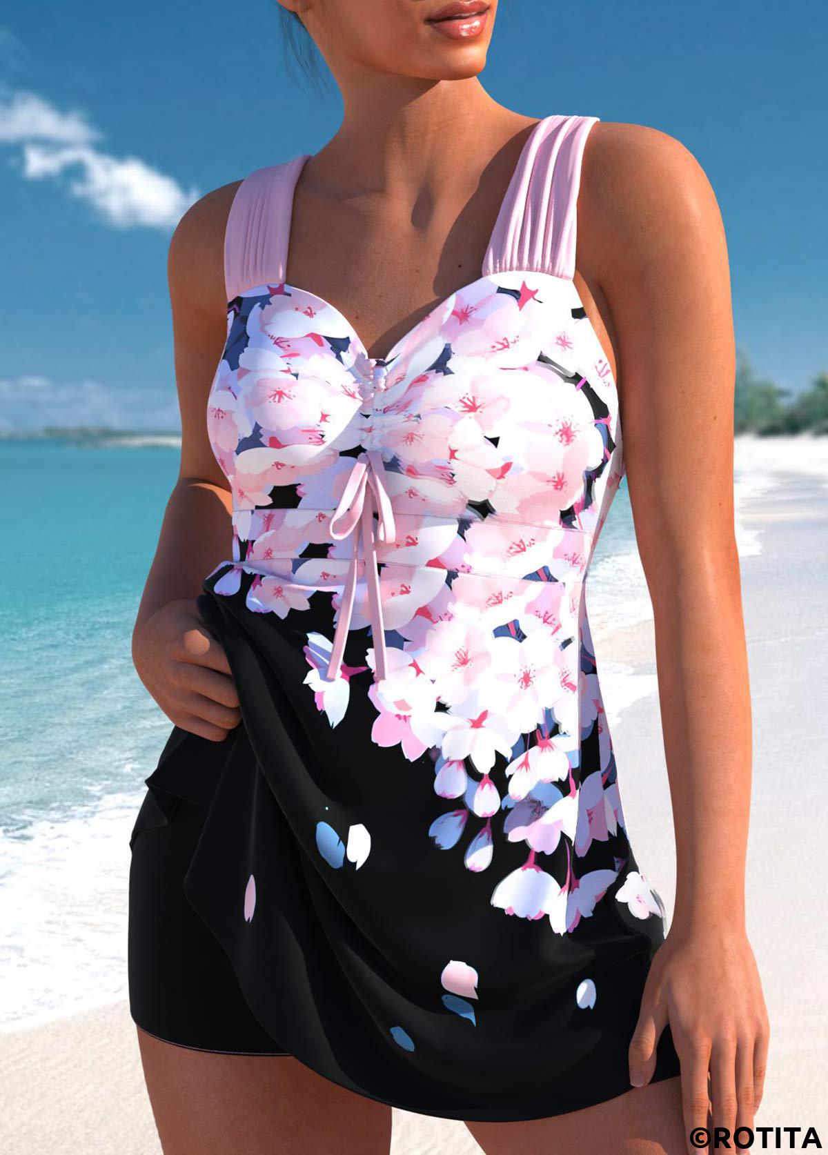 Pink swimwear,Black swimwear,Floral swimwear,Plants swimwear,ROTITA Drawstring Pink Floral Print Swimdress Top