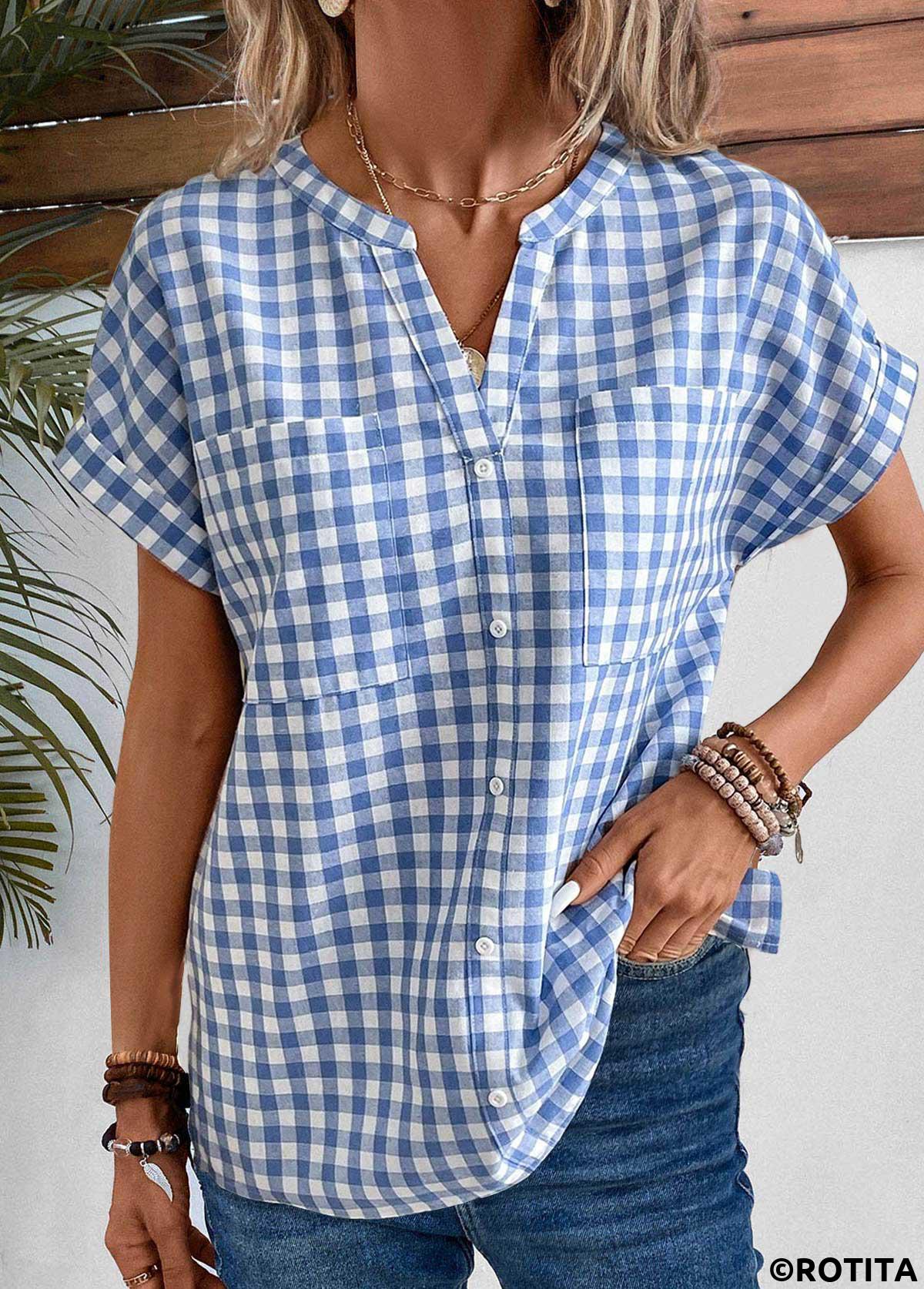 Denim Blue tops,White tops,Plaid tops,ROTITA Split Plaid Denim Blue Short Sleeve Blouse