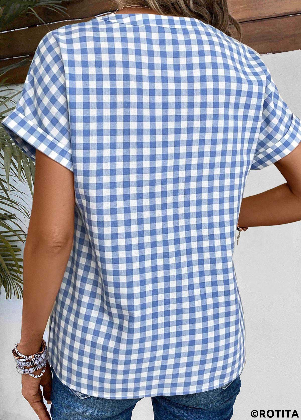Denim Blue tops,White tops,Plaid tops,ROTITA Split Plaid Denim Blue Short Sleeve Blouse