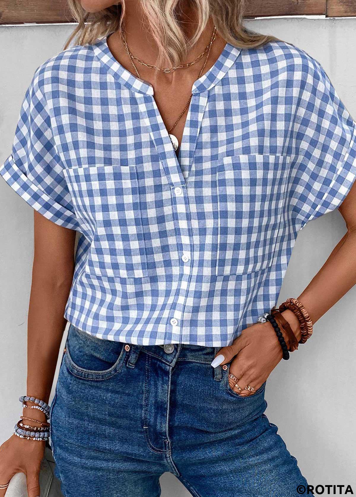 Denim Blue tops,White tops,Plaid tops,ROTITA Split Plaid Denim Blue Short Sleeve Blouse