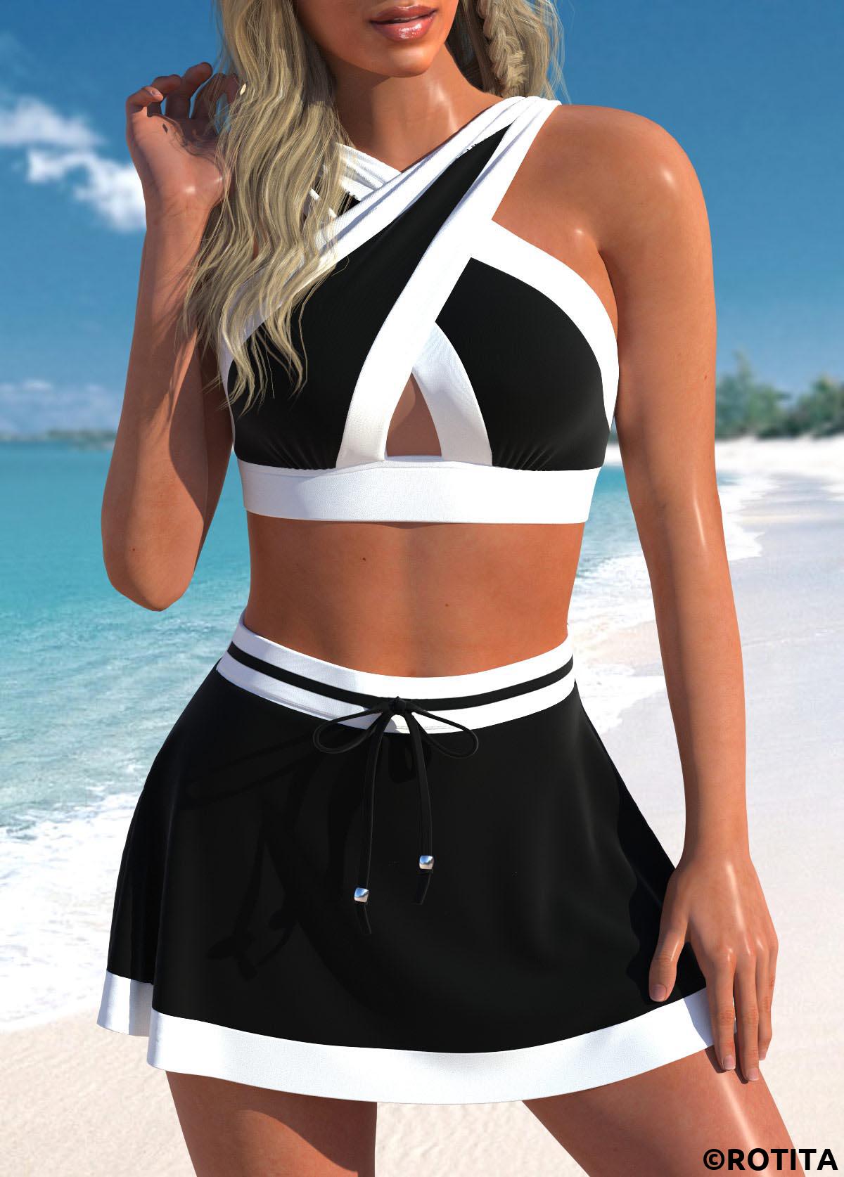Black swimwear,White swimwear,Contrast Color swimwear,ROTITA Criss Cross Black High Waisted Bikini Set