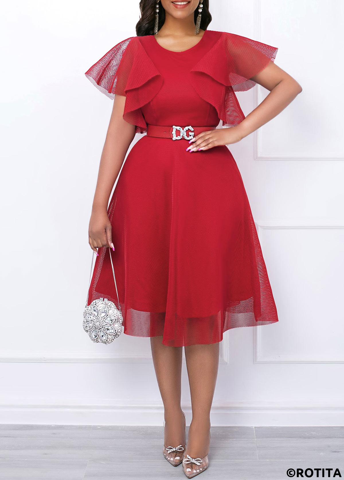 ROTITA Robe rouge à manches courtes et encolure en V