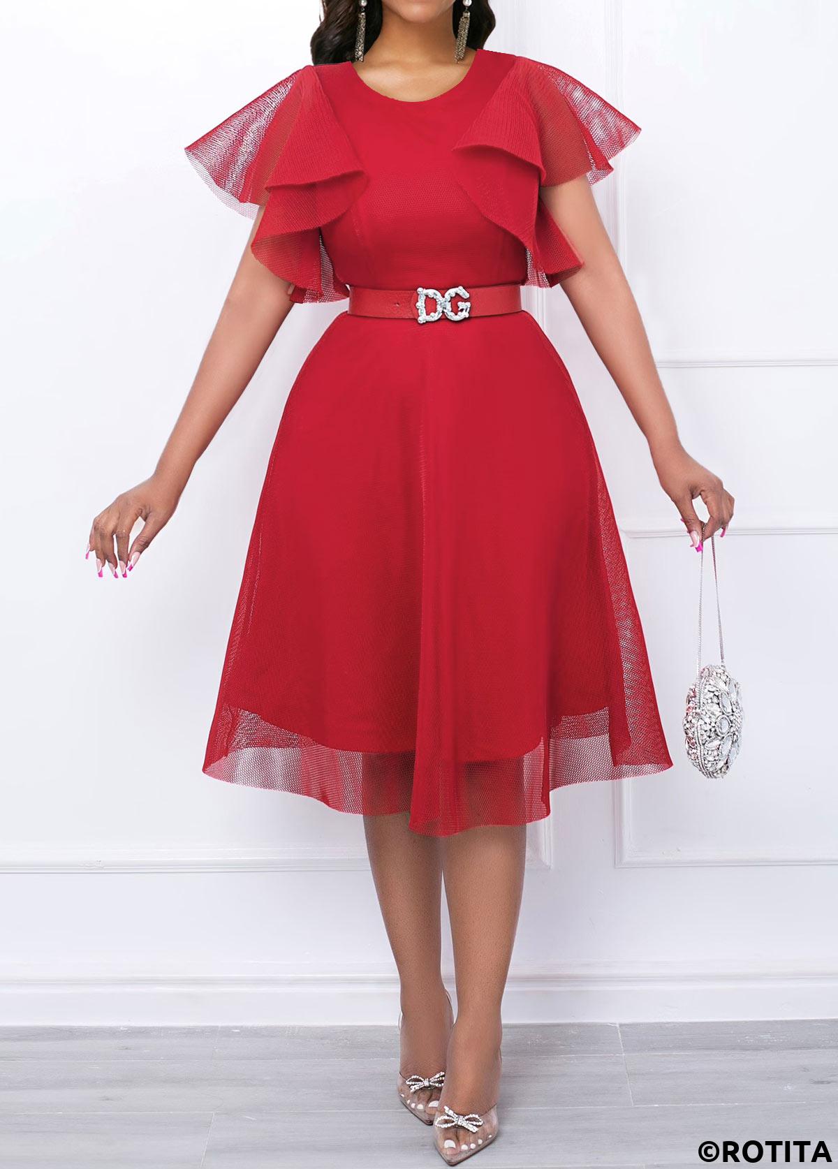 ROTITA Robe rouge à manches courtes et encolure en V