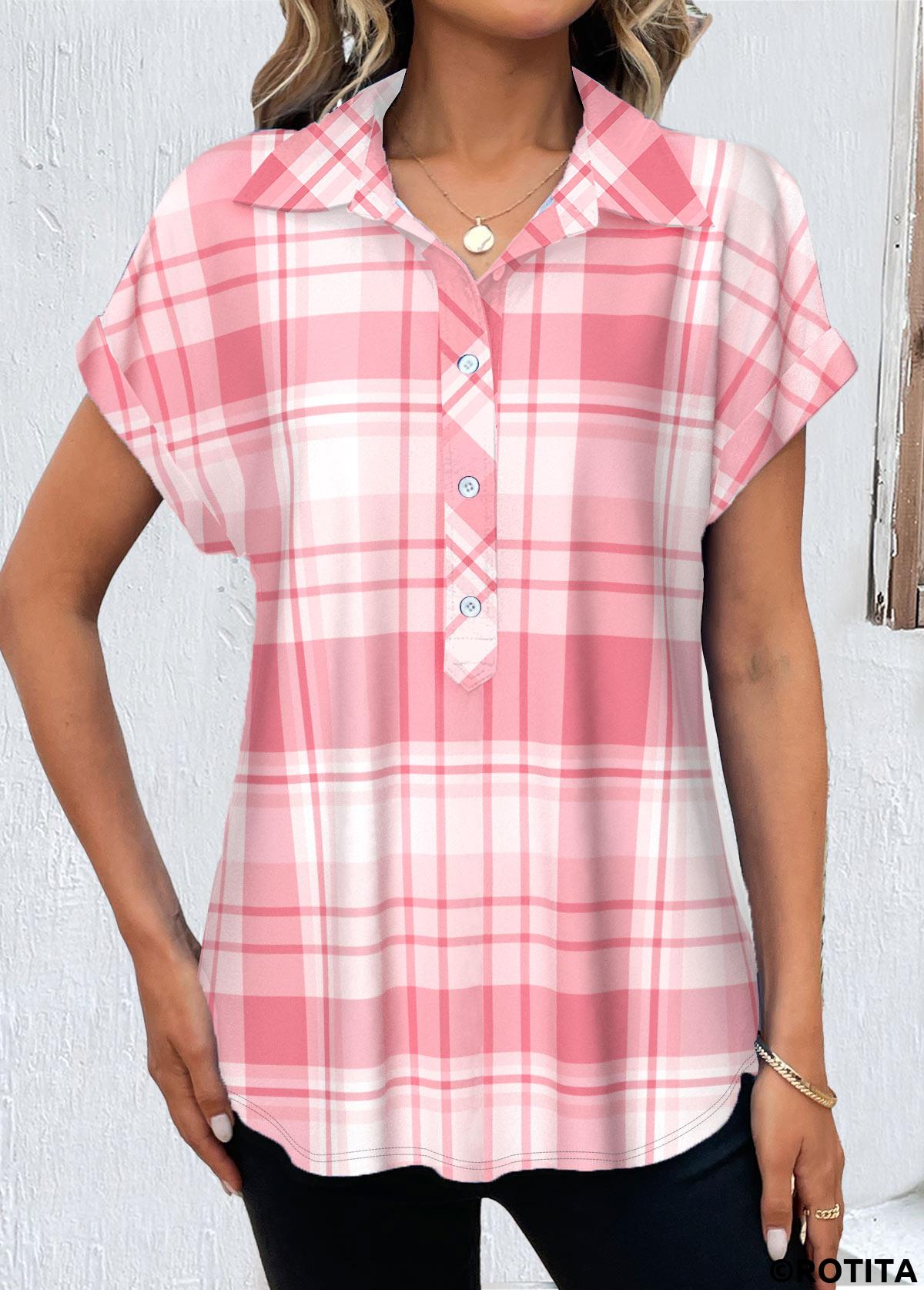 Pink tops,White tops,Plaid tops,Striped tops,Geometric tops,Ombre tops,ROTITA Button Plaid Pink Shirt Collar Short Sleeve Blouse