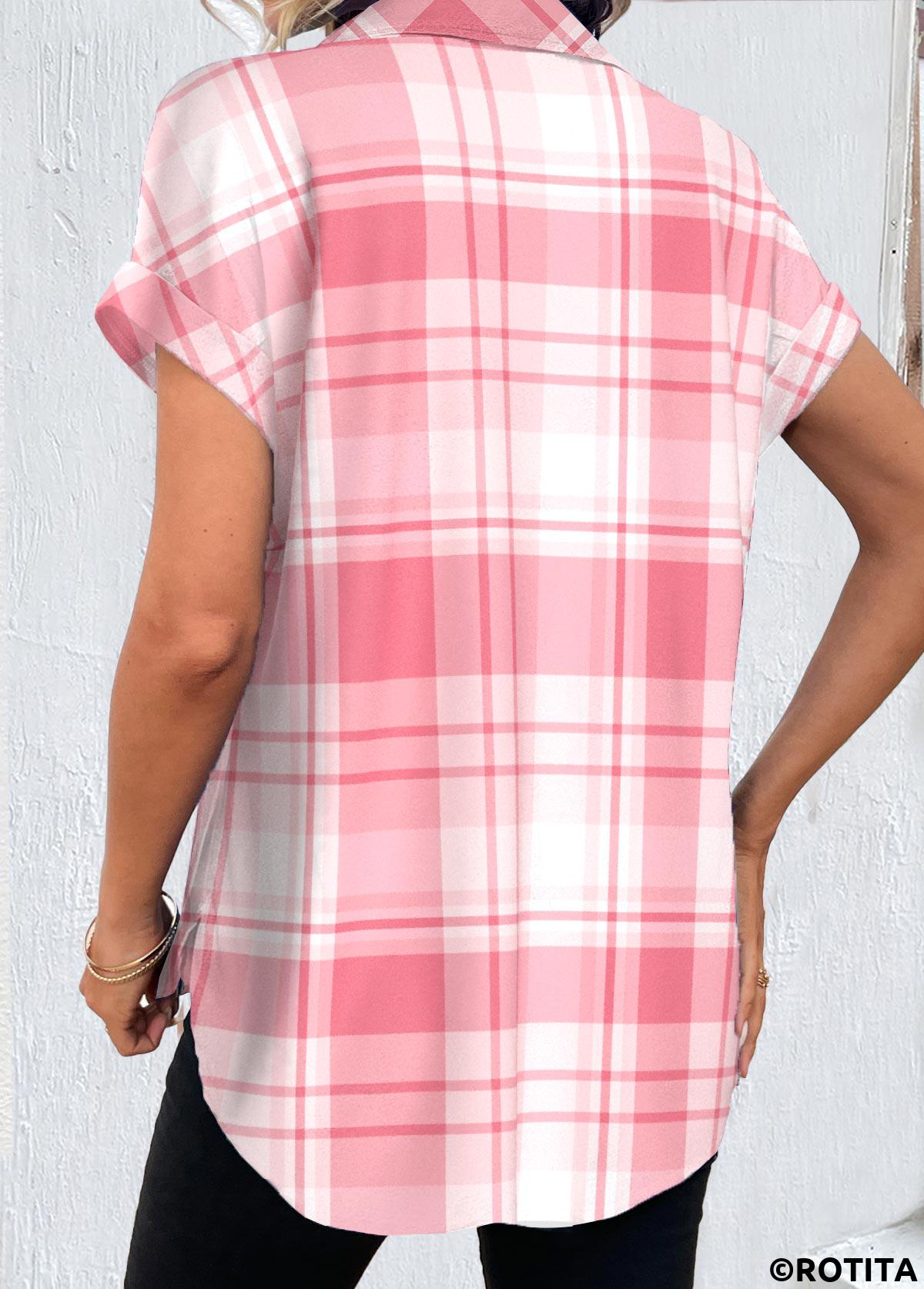 Pink tops,White tops,Plaid tops,Striped tops,Geometric tops,Ombre tops,ROTITA Button Plaid Pink Shirt Collar Short Sleeve Blouse