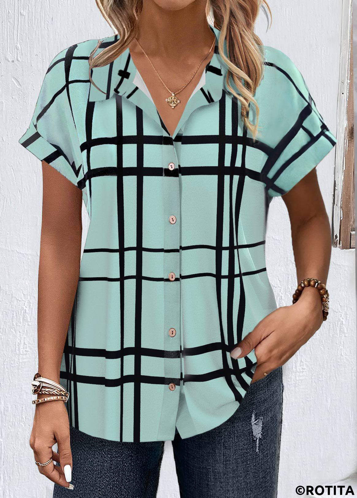 Light Green tops,Plaid tops,Striped tops,Geometric tops,ROTITA Button Plaid Light Green Shirt Collar Short Sleeve Blouse