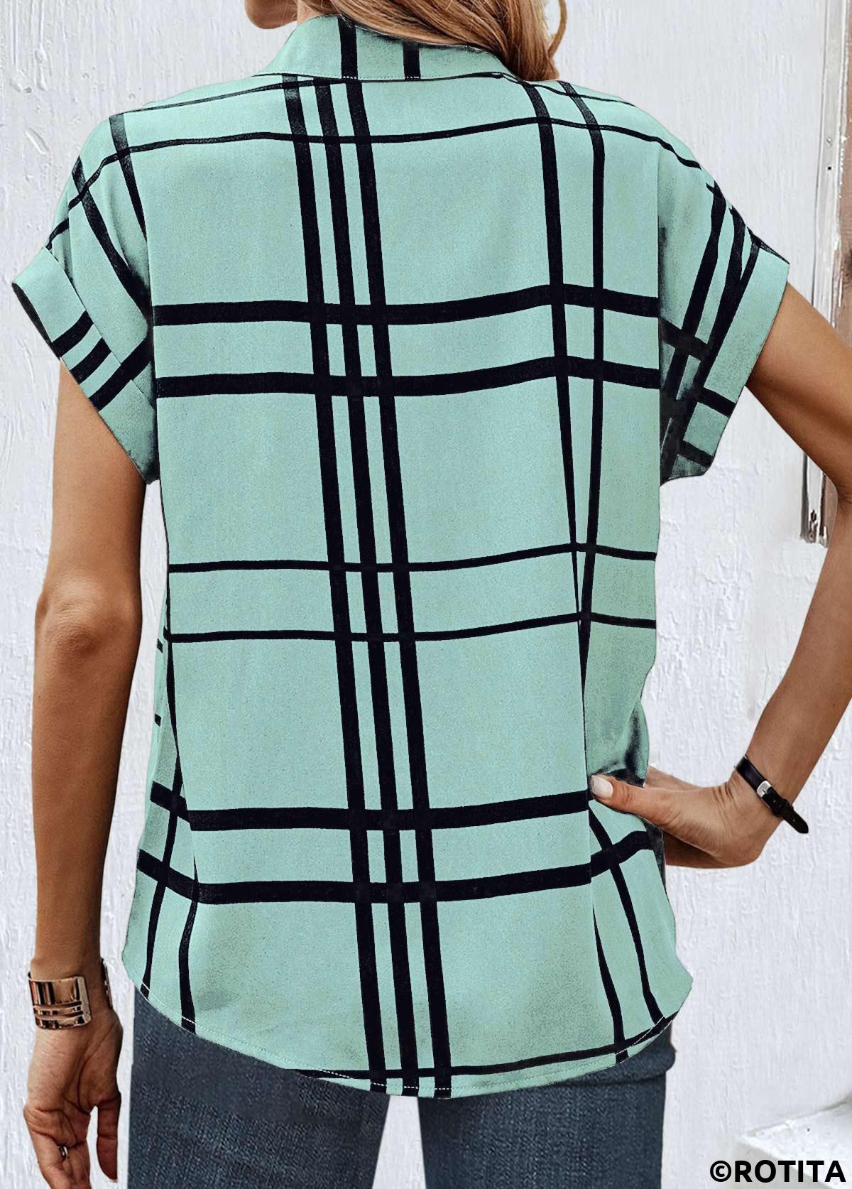 Light Green tops,Plaid tops,Striped tops,Geometric tops,ROTITA Button Plaid Light Green Shirt Collar Short Sleeve Blouse