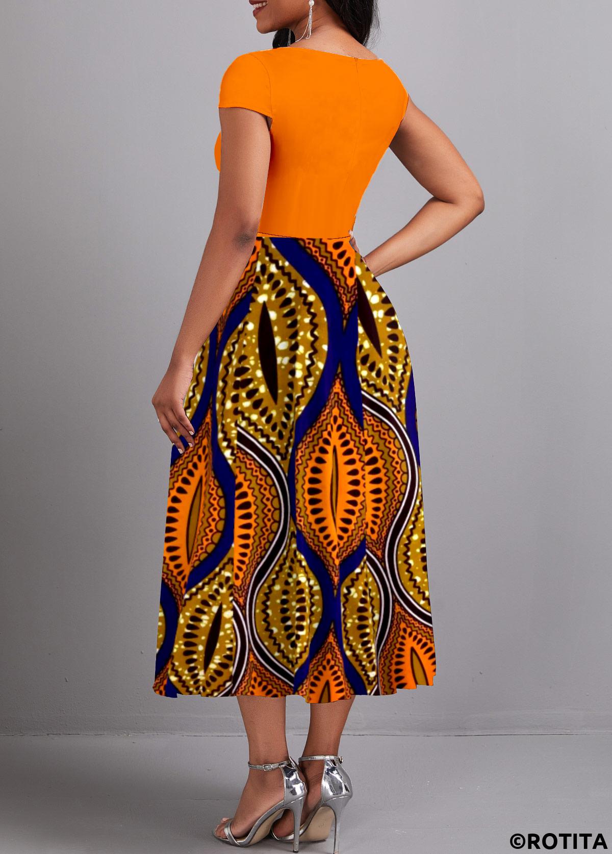 Orange dresses,Tribal dresses,Party dresses,Elegant dresses,ROTITA Umbrella Hem Tribal Print Orange V Neck Dress