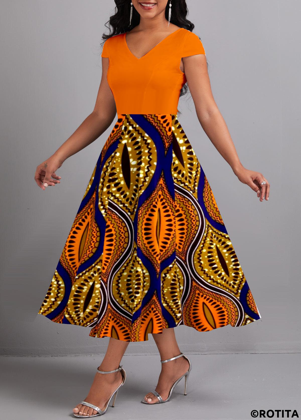 Orange dresses,Tribal dresses,Party dresses,Elegant dresses,ROTITA Umbrella Hem Tribal Print Orange V Neck Dress