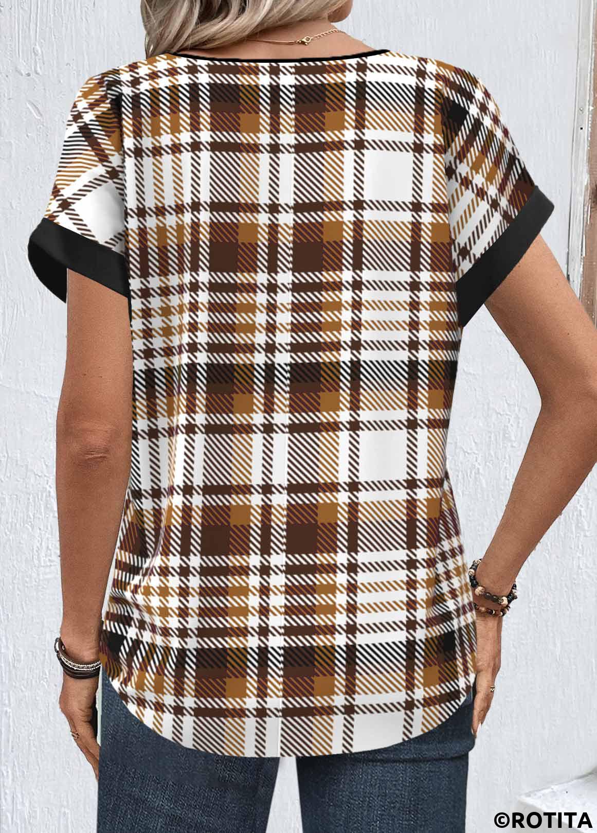 Light Coffee tops,Plaid tops,Striped tops,Geometric tops,ROTITA Zipper Plaid Light Coffee Round Neck Short Sleeve Blouse