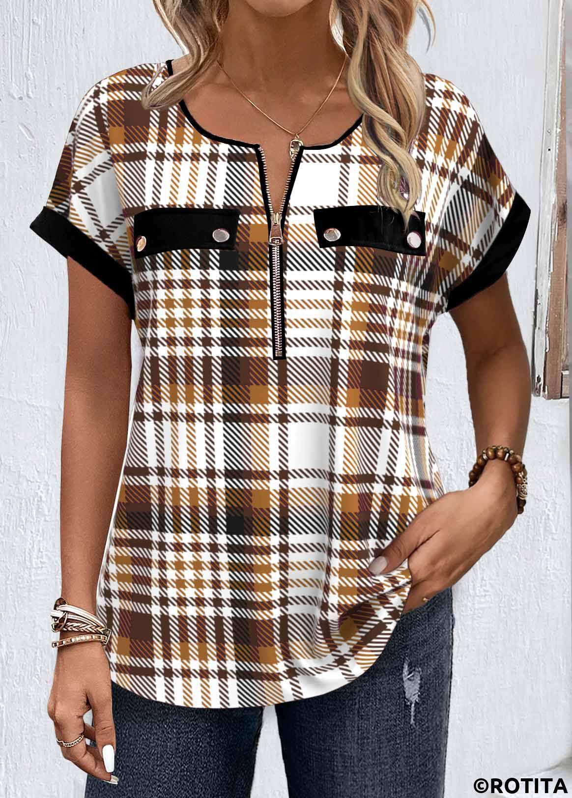 Light Coffee tops,Plaid tops,Striped tops,Geometric tops,ROTITA Zipper Plaid Light Coffee Round Neck Short Sleeve Blouse