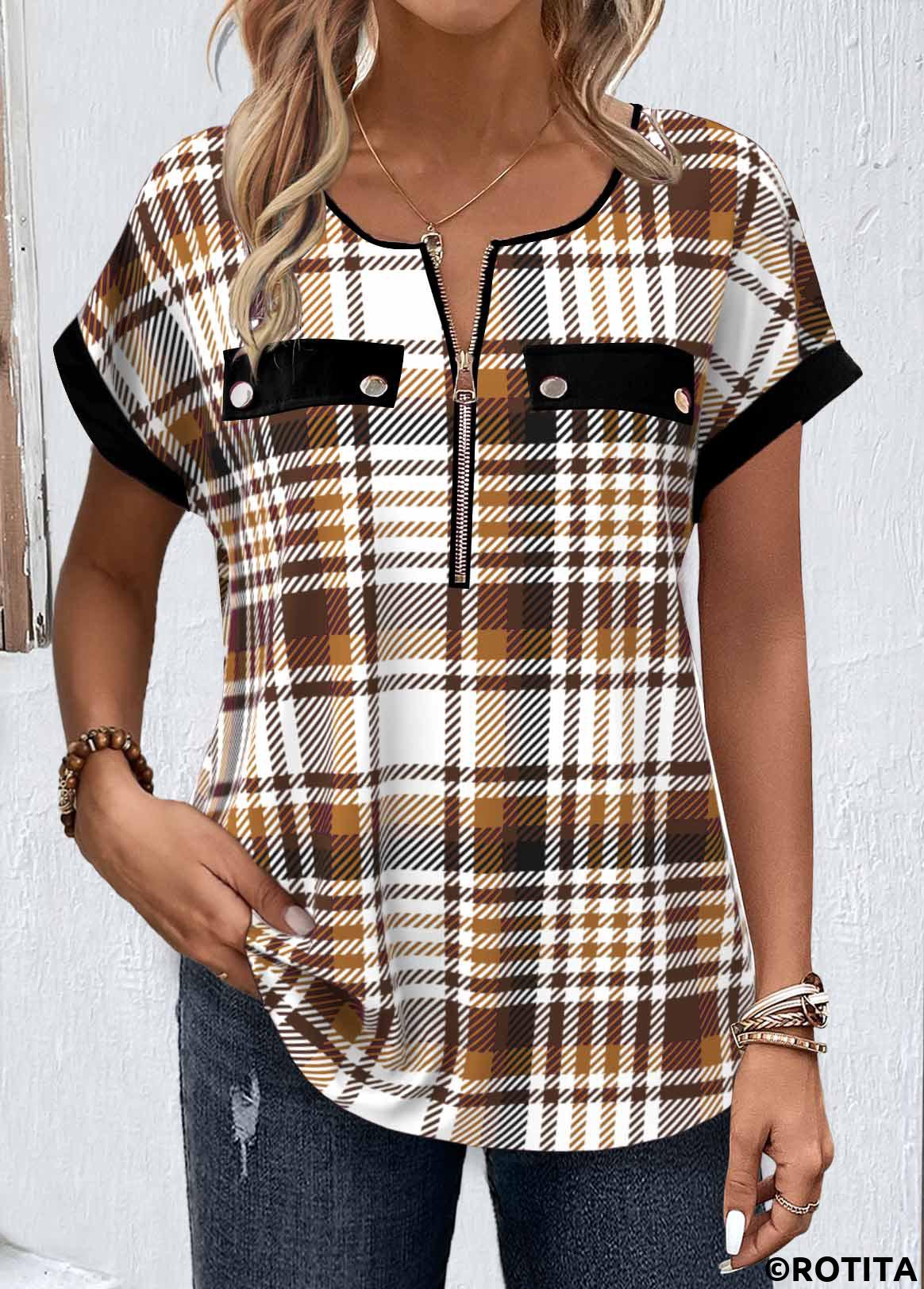 Light Coffee tops,Plaid tops,Striped tops,Geometric tops,ROTITA Zipper Plaid Light Coffee Round Neck Short Sleeve Blouse