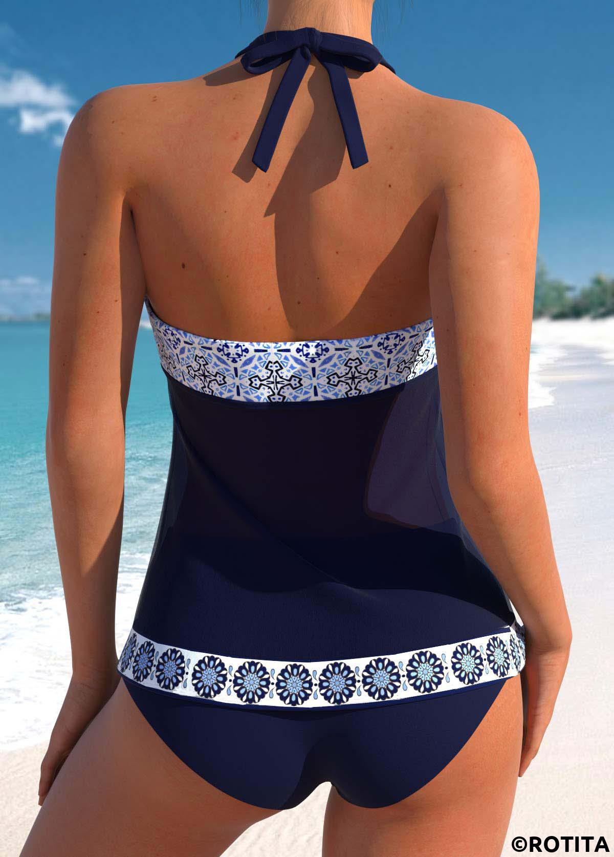 Navy swimwear,Geometric swimwear,Tribal swimwear,Floral swimwear,ROTITA Patchwork Navy Geometric Print Mid Waisted Tankini Set