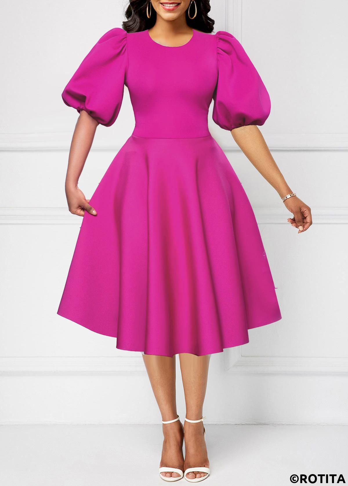 Hot Pink dresses,Plain Color dresses,Party dresses,Elegant dresses,ROTITA New Year Umbrella Hem Hot Pink Round Neck Dress