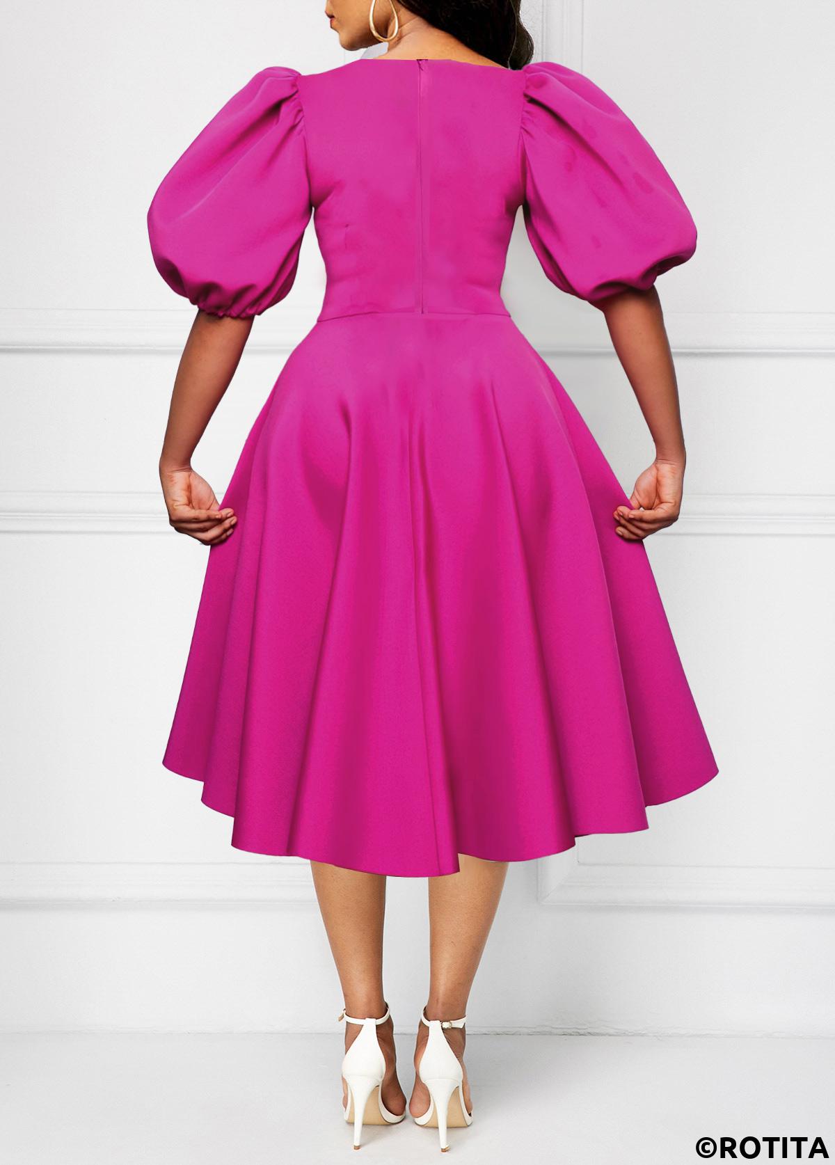 Hot Pink dresses,Plain Color dresses,Party dresses,Elegant dresses,ROTITA New Year Umbrella Hem Hot Pink Round Neck Dress