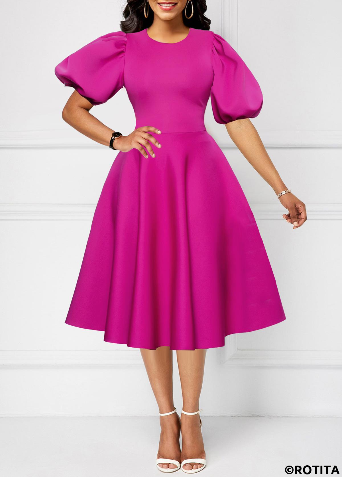Hot Pink dresses,Plain Color dresses,Party dresses,Elegant dresses,ROTITA New Year Umbrella Hem Hot Pink Round Neck Dress