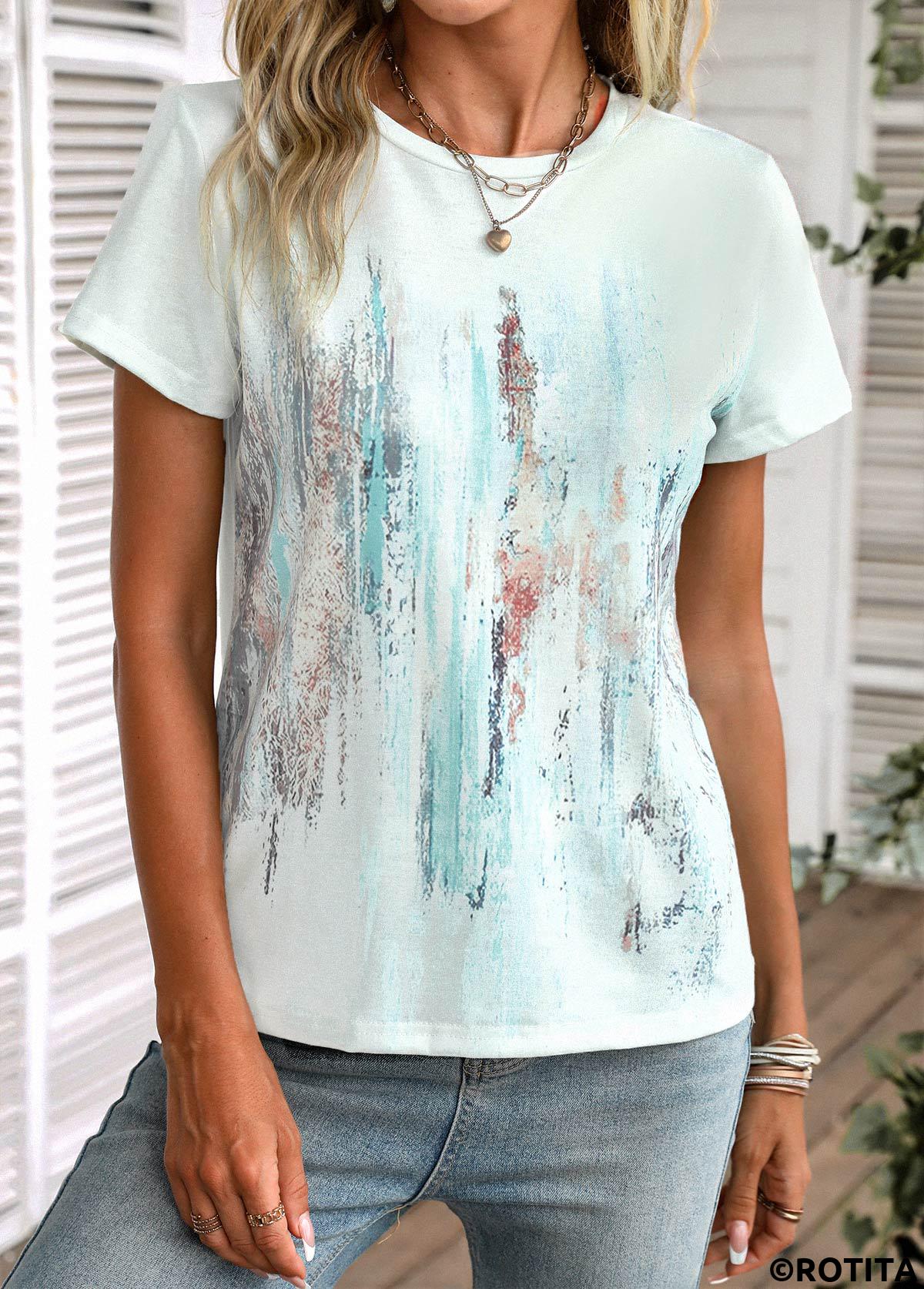 Light Green tops,Graphic tops,Ombre tops,Graffiti Print Light Green Round Neck T Shirt