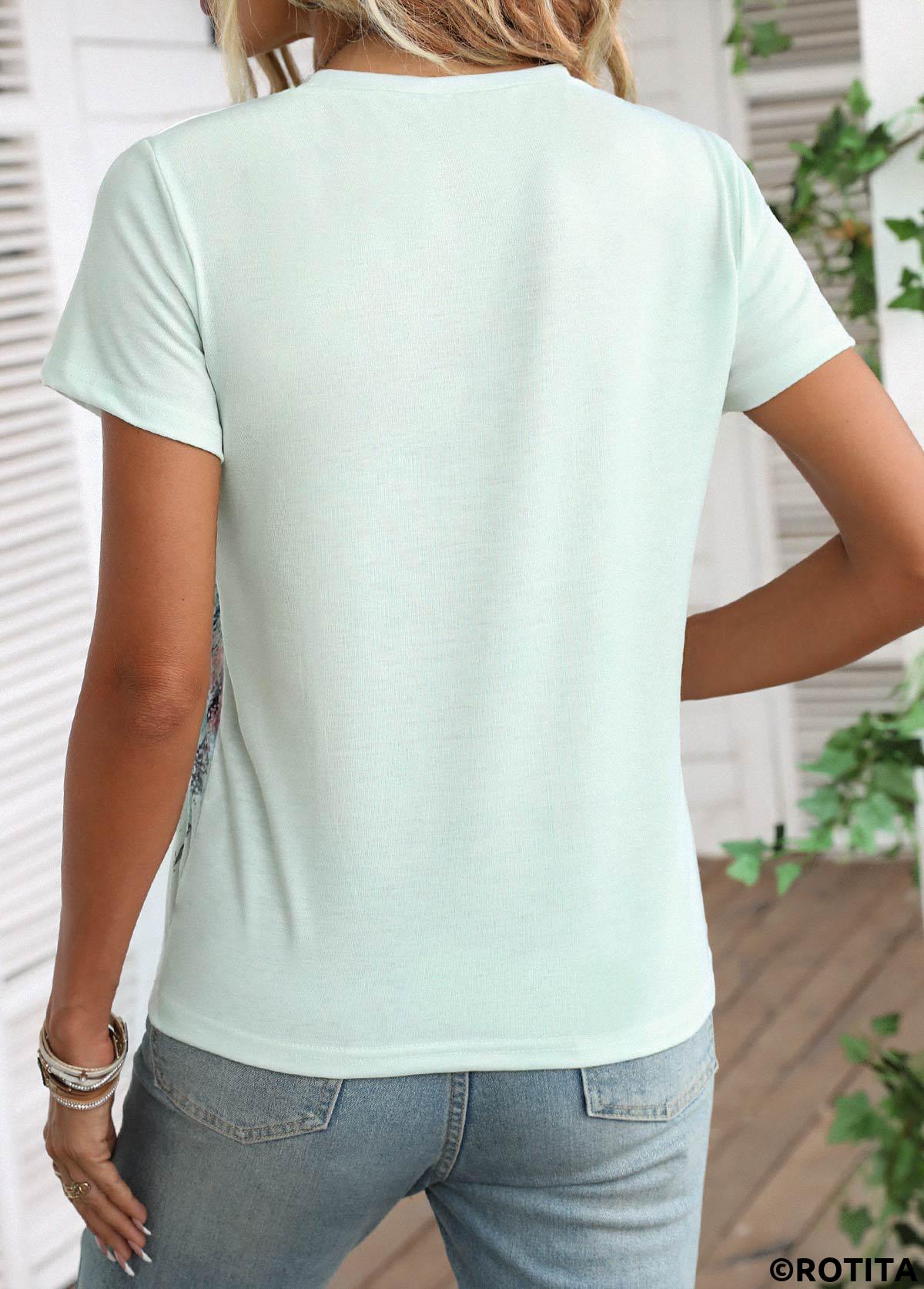 Light Green tops,Graphic tops,Ombre tops,Graffiti Print Light Green Round Neck T Shirt