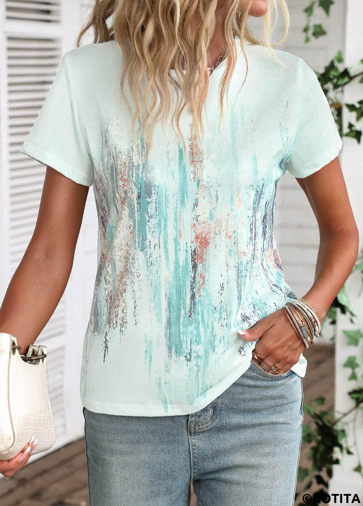 Light Green tops,Graphic tops,Ombre tops,Graffiti Print Light Green Round Neck T Shirt