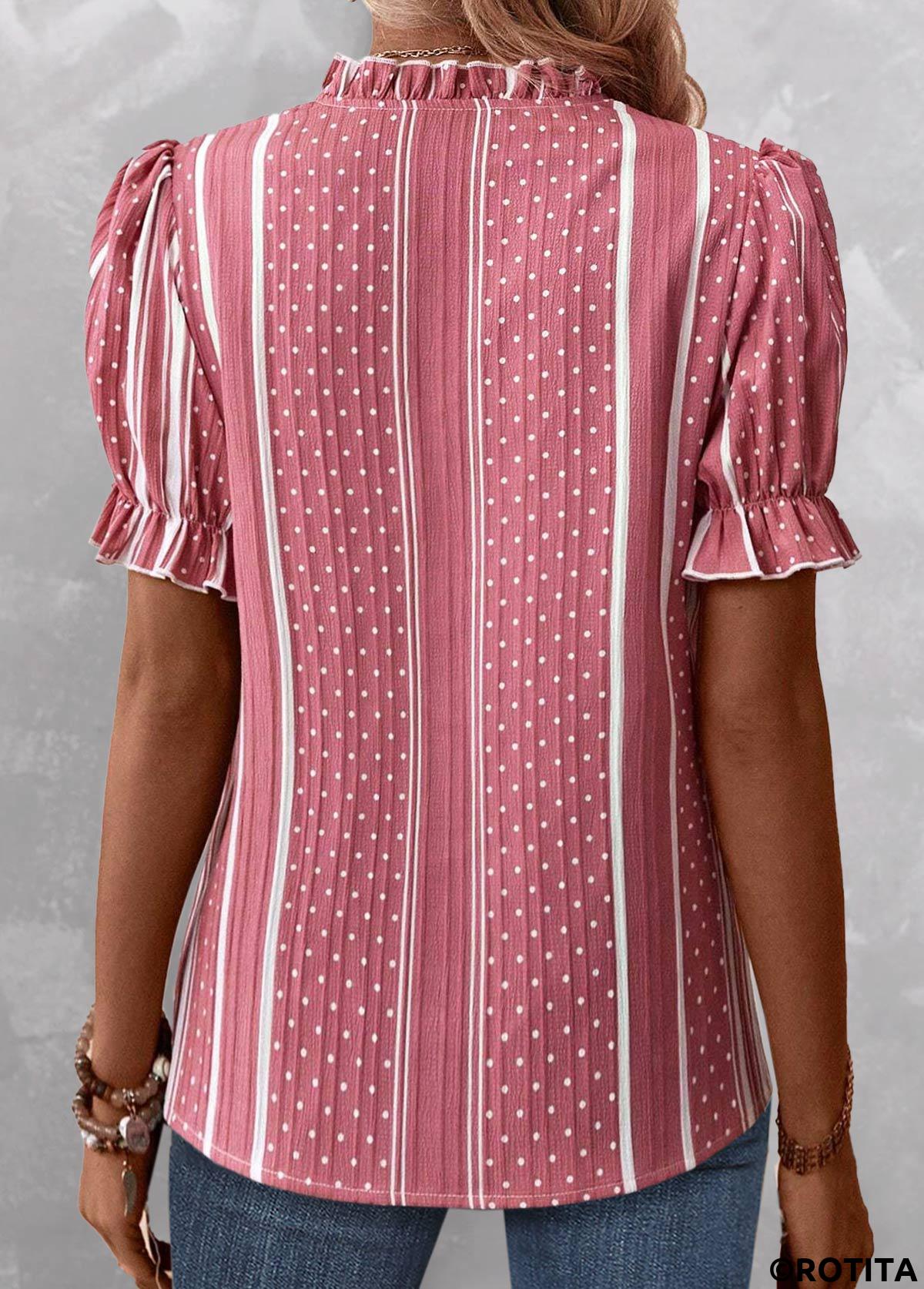 Pink tops,Striped tops,Dot tops,ROTITA Split Striped Pink Short Sleeve Blouse