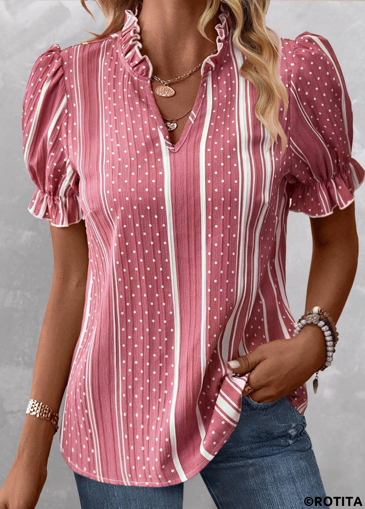 Pink tops,Striped tops,Dot tops,ROTITA Split Striped Pink Short Sleeve Blouse