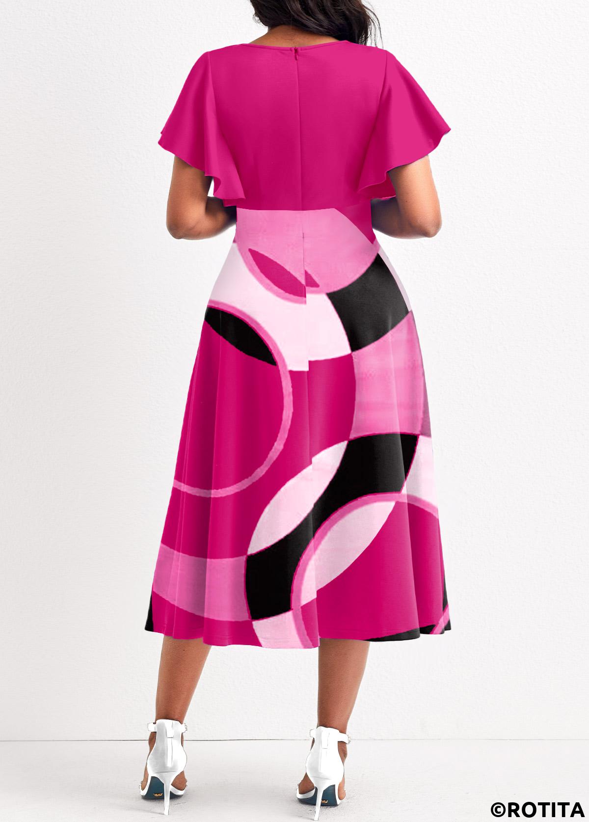 Hot Pink dresses,Geometric dresses,Party dresses,Elegant dresses,ROTITA Umbrella Hem Geometric Print Hot Pink Dress