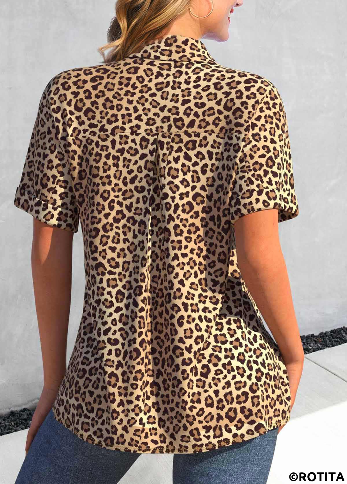 ROTITA Button Leopard Dark Camel Shirt Collar Short Sleeve Blouse