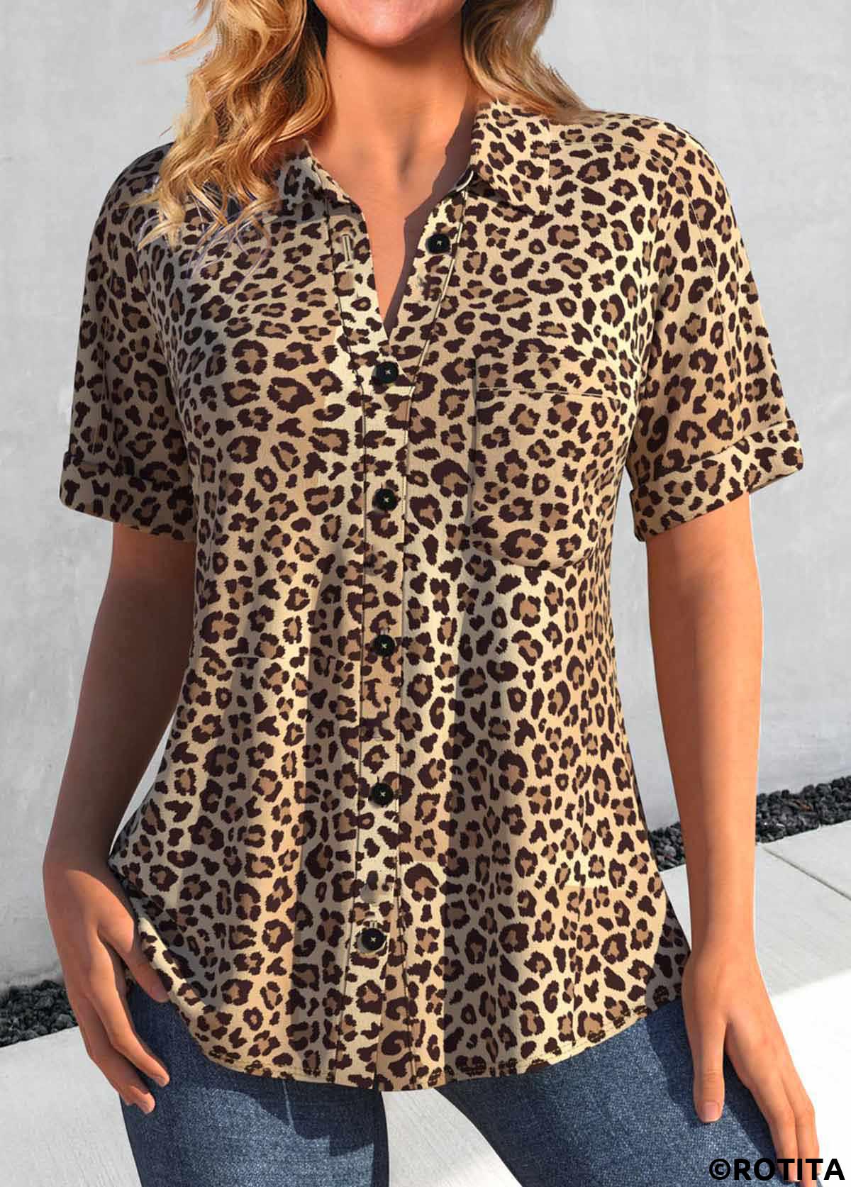 ROTITA Button Leopard Dark Camel Shirt Collar Short Sleeve Blouse