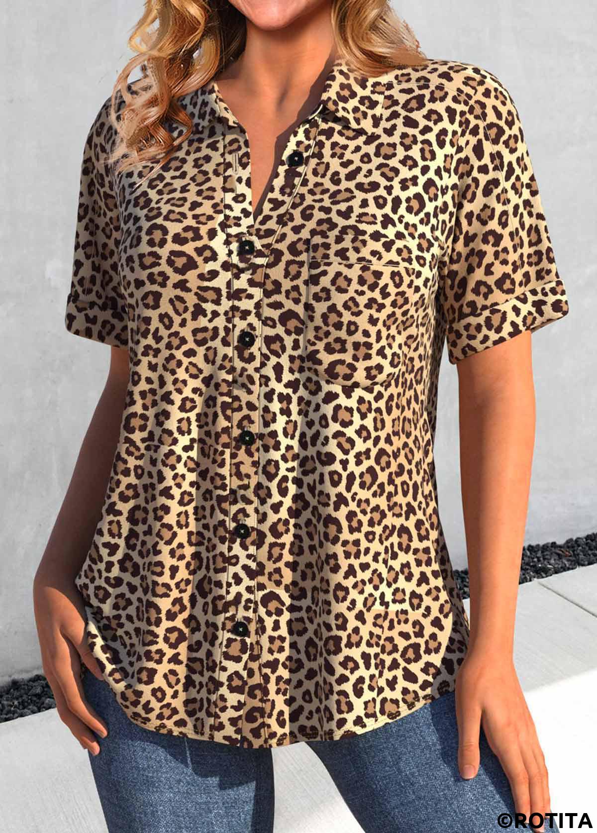 ROTITA Button Leopard Dark Camel Shirt Collar Short Sleeve Blouse