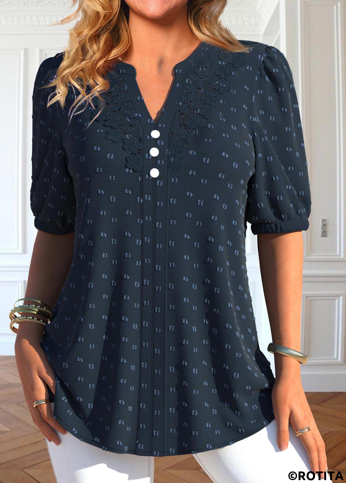 Navy tops,Plain Color tops,ROTITA Plus Size Button Navy Split Neck Blouse