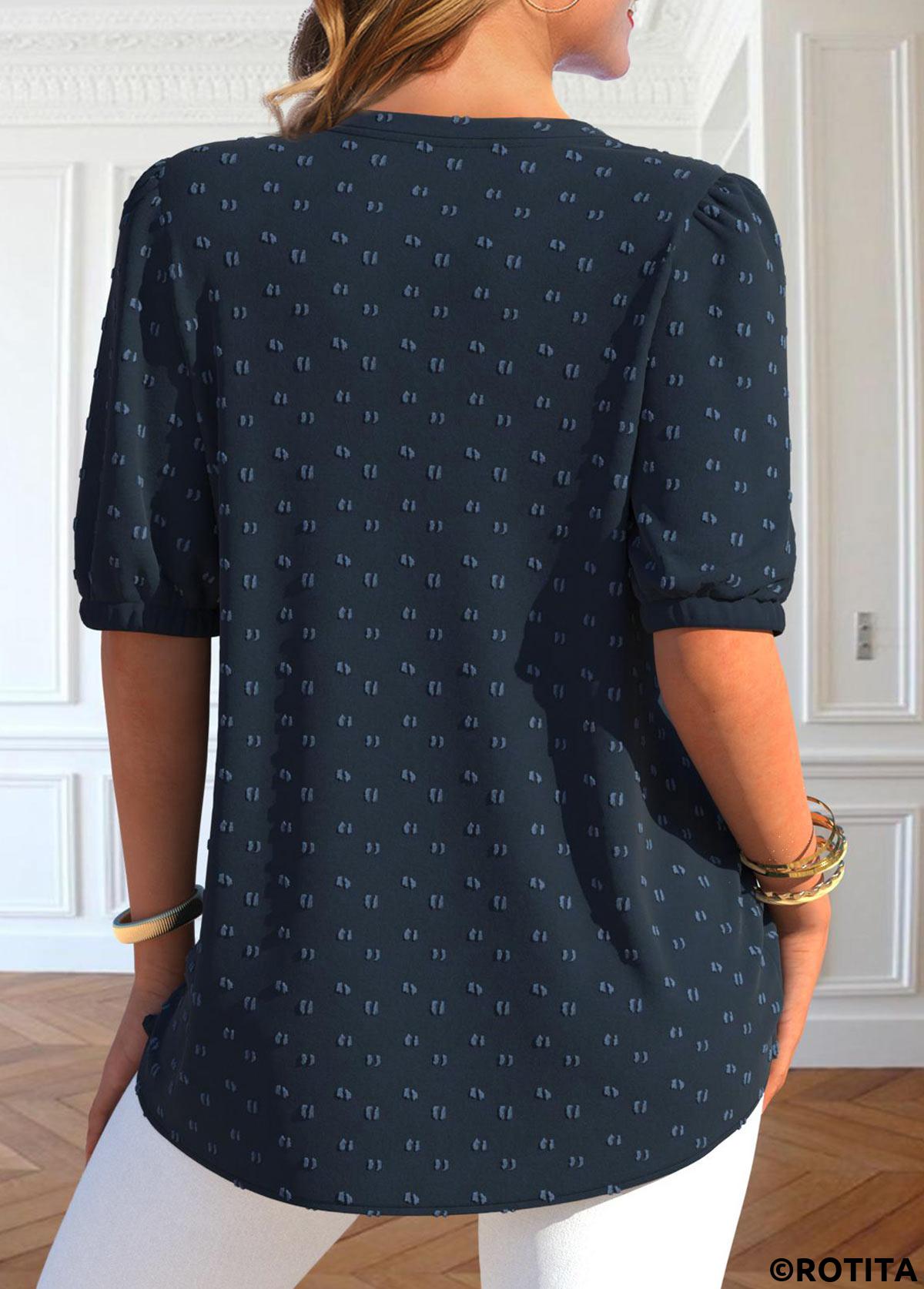 Navy tops,Plain Color tops,ROTITA Plus Size Button Navy Split Neck Blouse