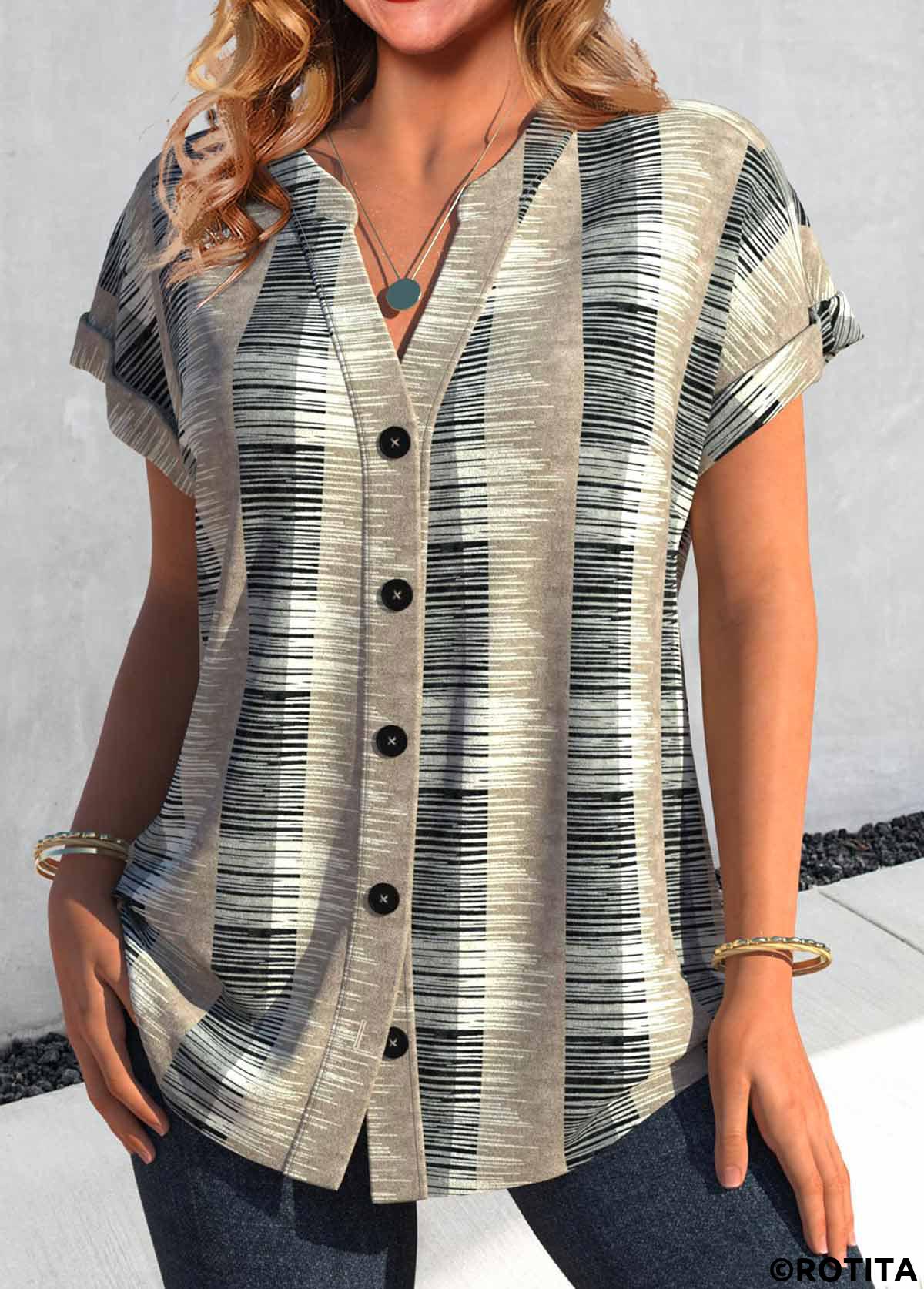 Light Camel tops,Grey tops,Geometric tops,ROTITA Button Geometric Print Light Camel Split Neck Blouse