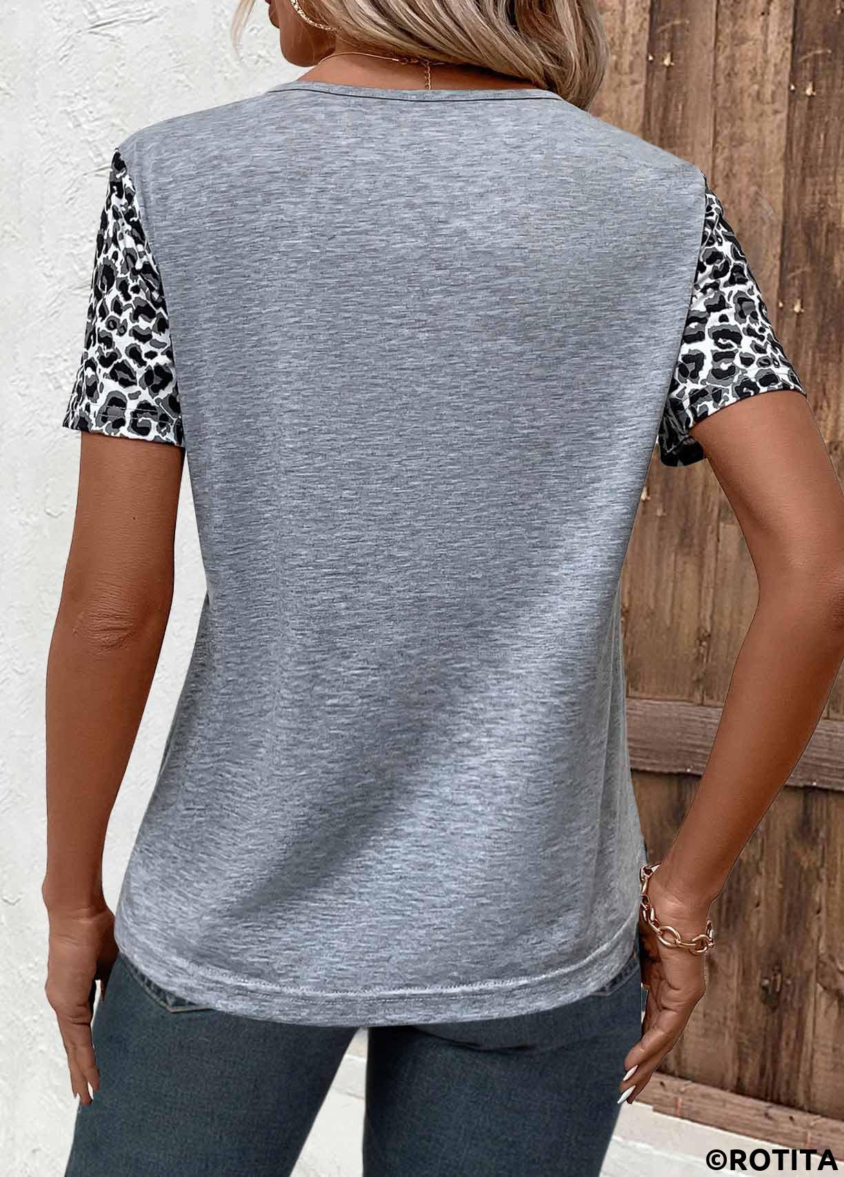 Grey tops,Leopard tops,ROTITA Zipper Leopard Grey V Neck T Shirt
