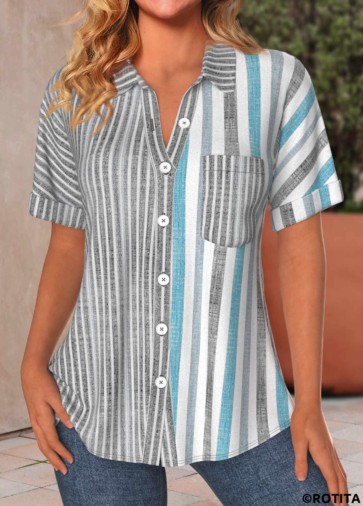Light Grey plus size,Striped plus size,ROTITA Plus Size Button Light Grey Striped Blouse
