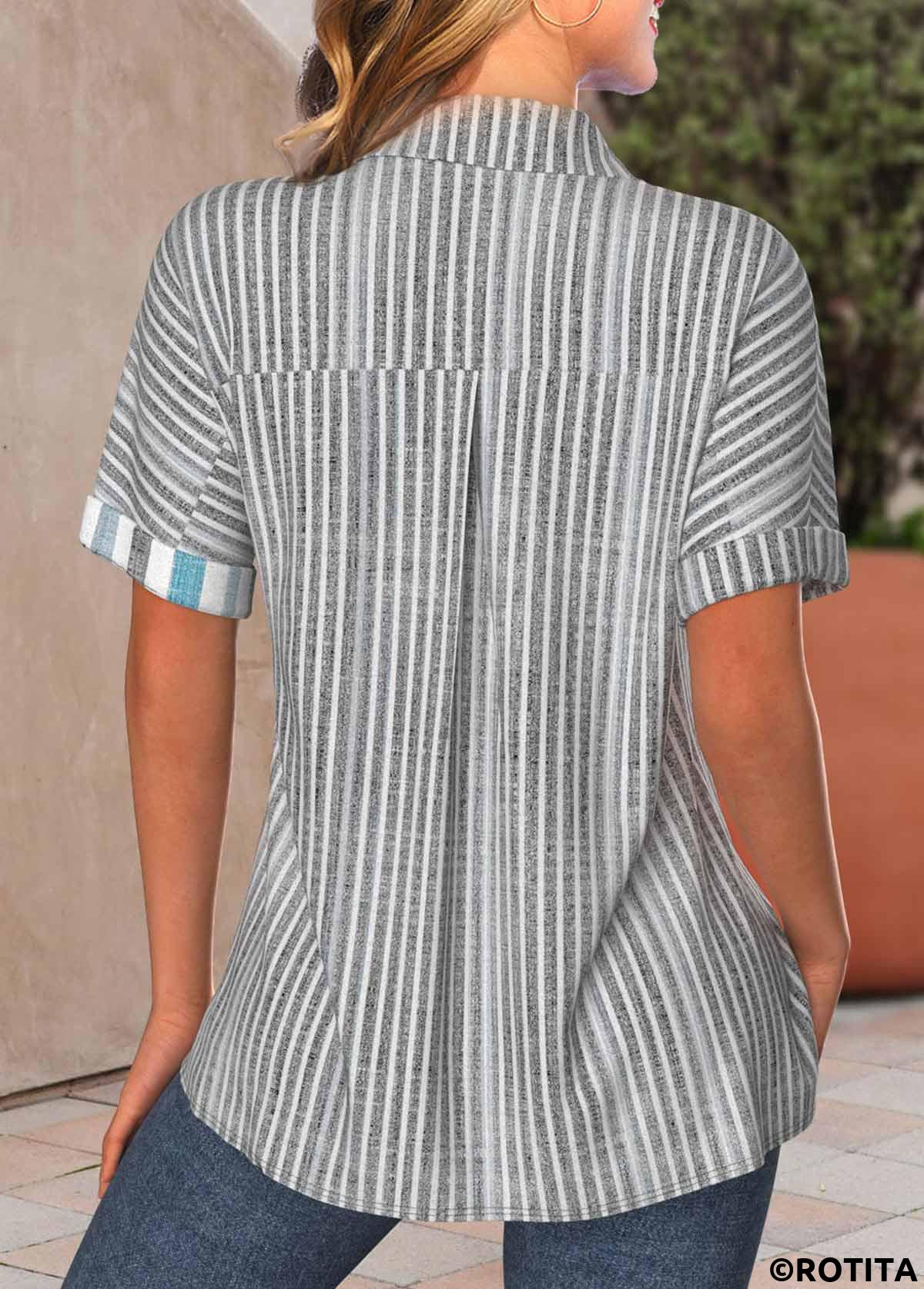 Light Grey plus size,Striped plus size,ROTITA Plus Size Button Light Grey Striped Blouse